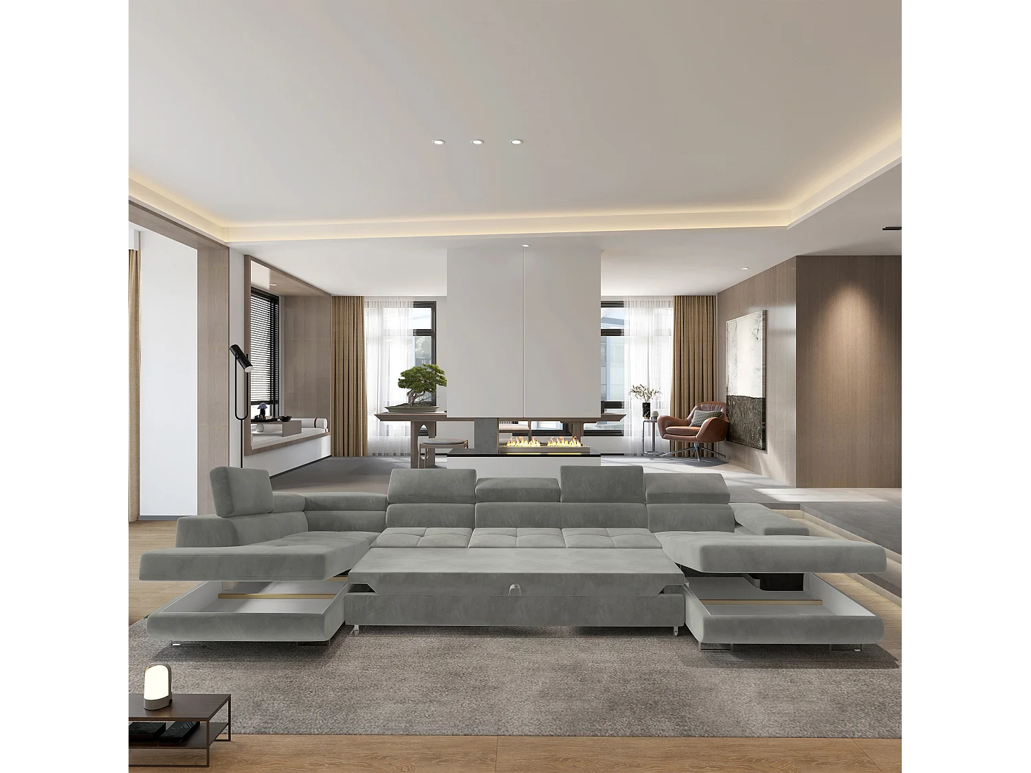 Hoekbank TORIVA van fluweel met slaapfunctie Hellgrau