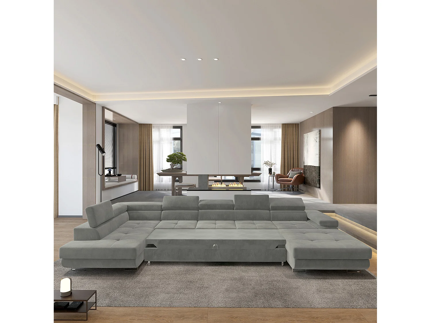 Hoekbank TORIVA van fluweel met slaapfunctie Hellgrau