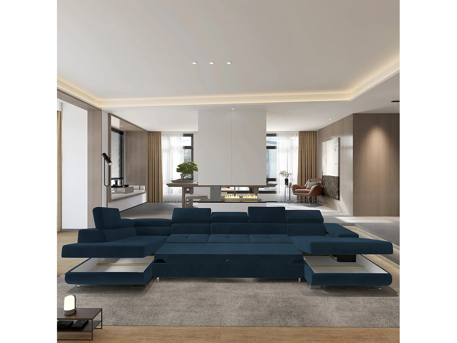 Hoekbank TORIVA van fluweel met slaapfunctie Blau