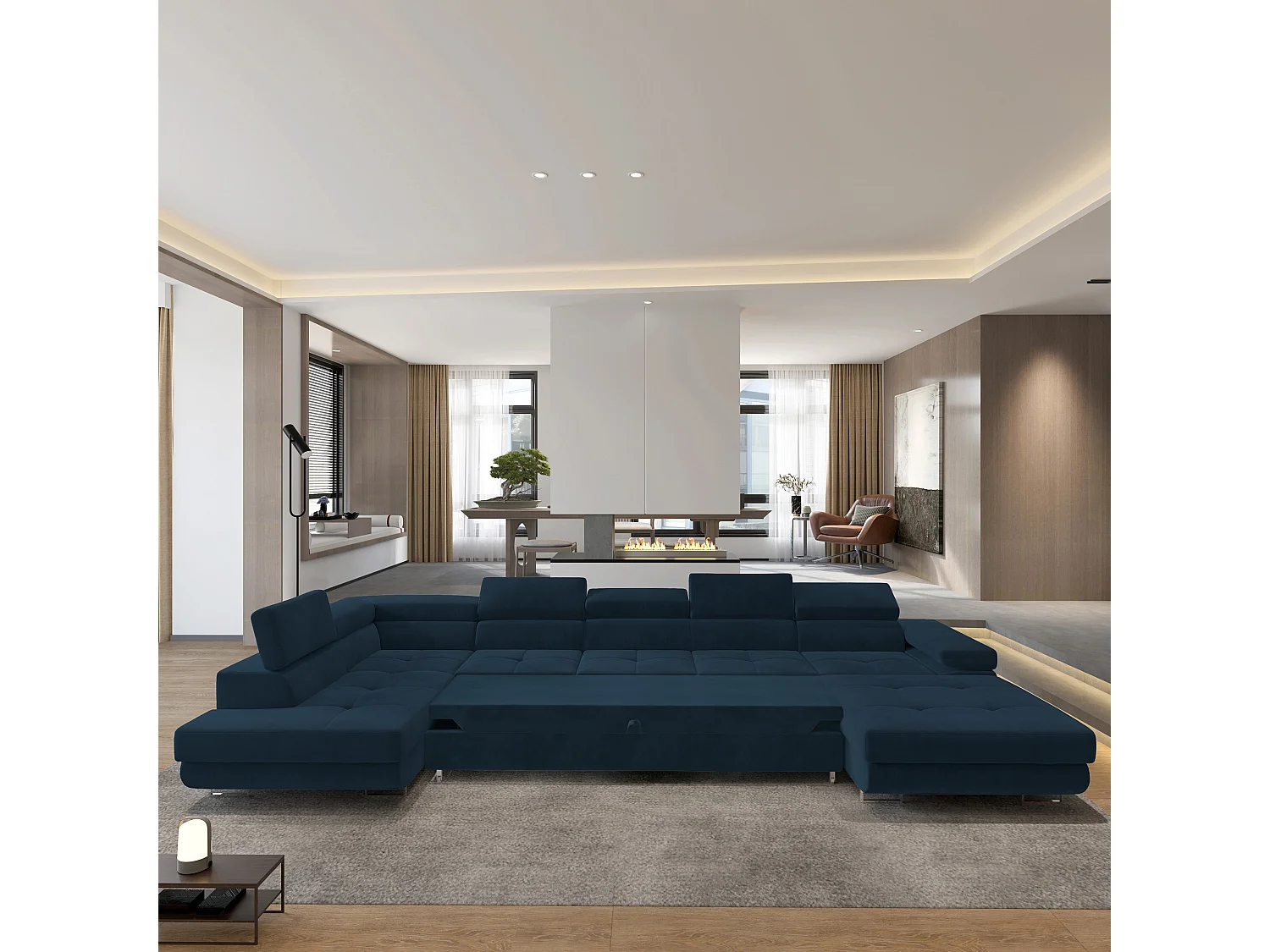 Hoekbank TORIVA van fluweel met slaapfunctie Blau