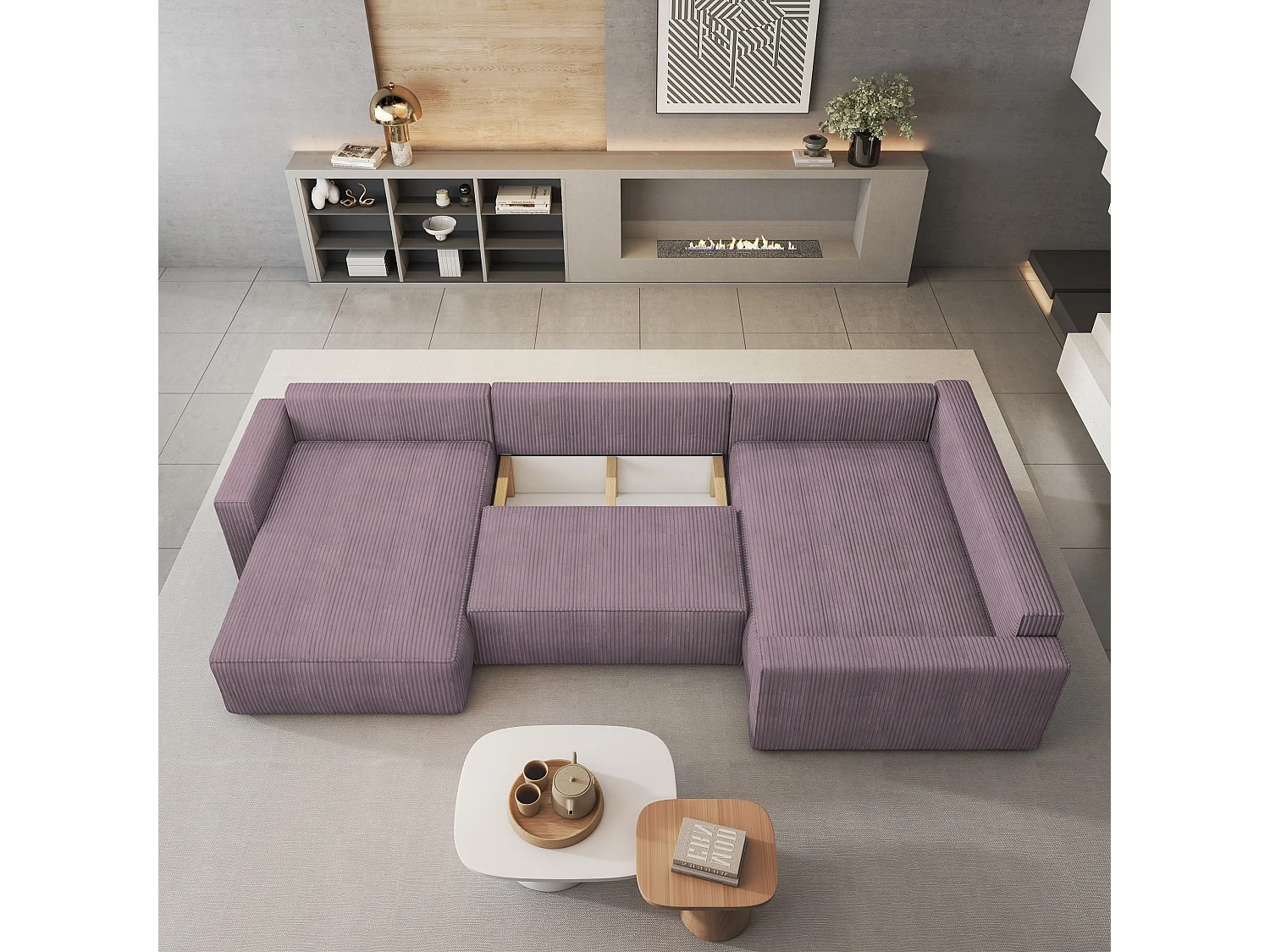 Hoekbank VELAMI van fluweel met slaapfunctie Lila