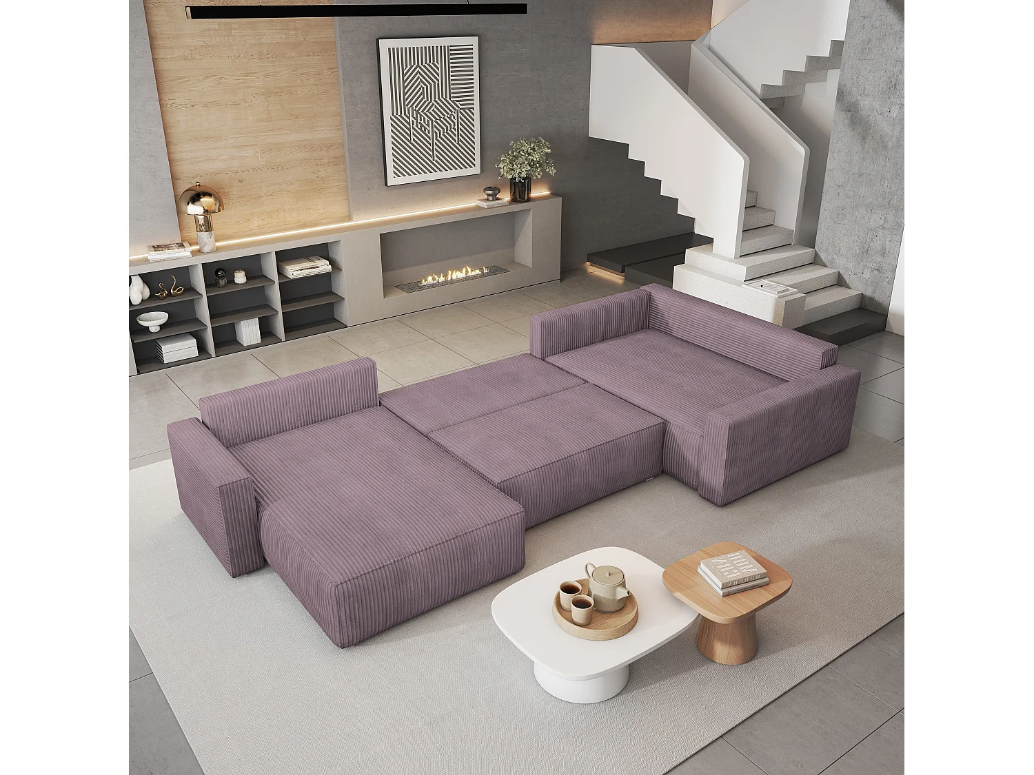 Hoekbank VELAMI van fluweel met slaapfunctie Lila