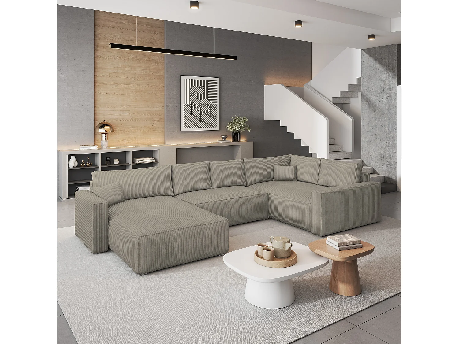 Hoekbank VELAMI van fluweel met slaapfunctie Beige