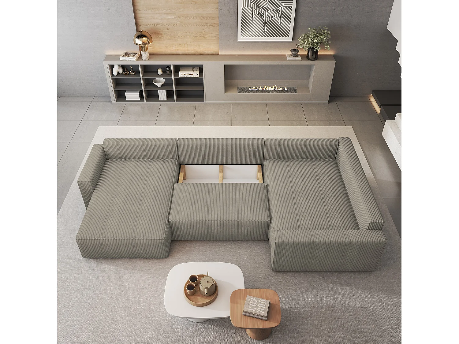 Hoekbank VELAMI van fluweel met slaapfunctie Beige