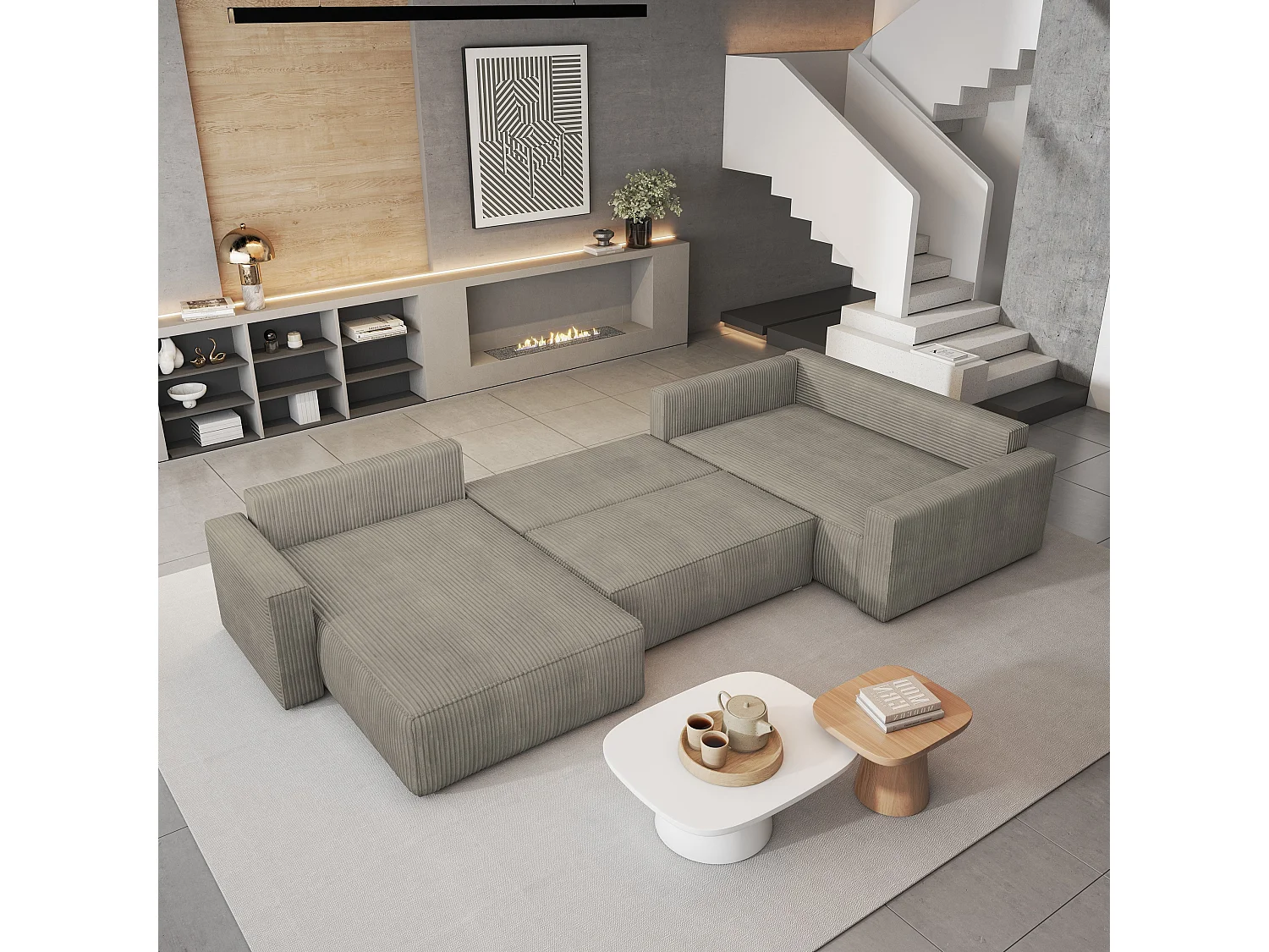 Hoekbank VELAMI van fluweel met slaapfunctie Beige