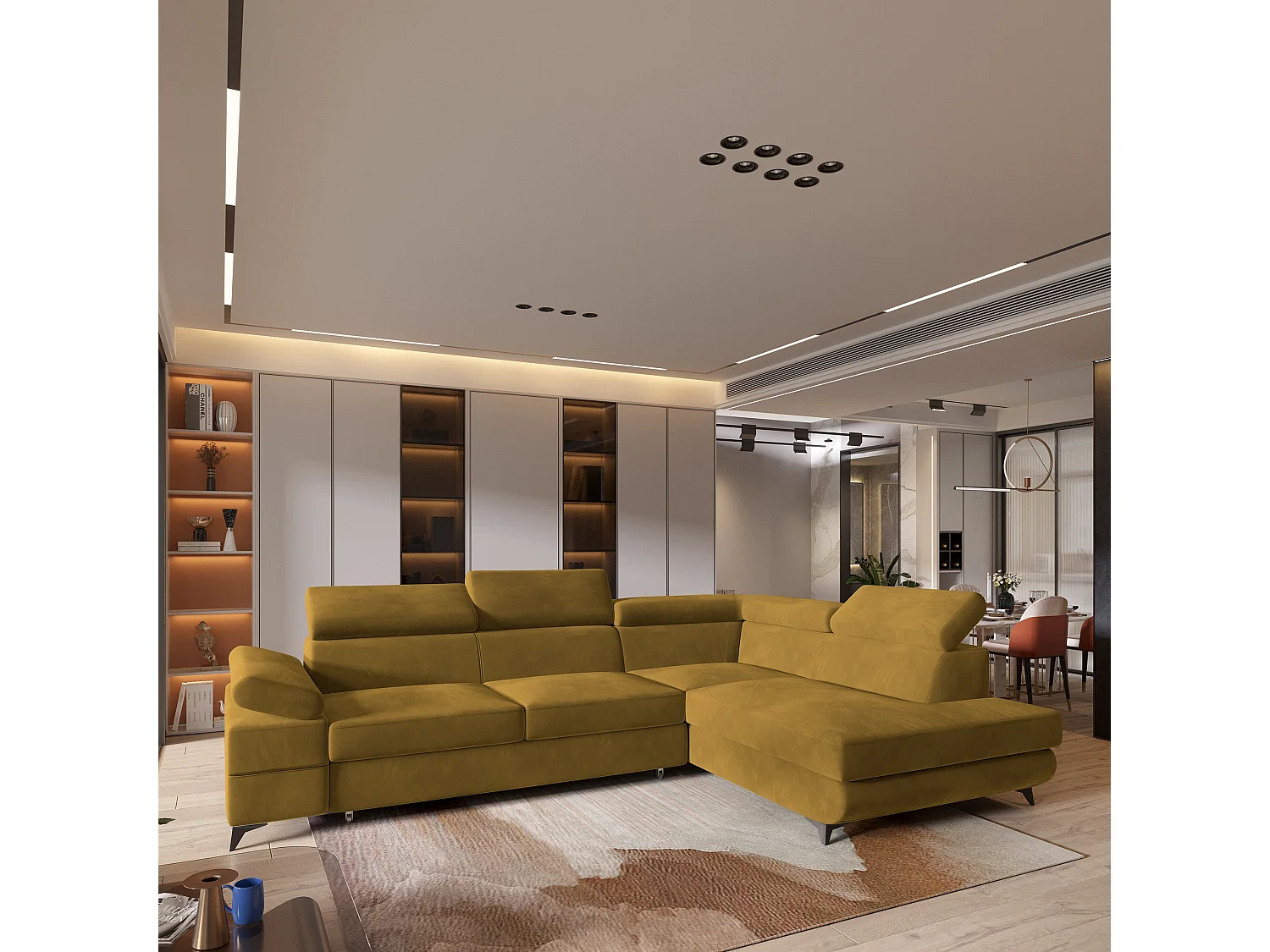 Hoekbank FAVIEN van fluweel met slaapfunctie Gelb