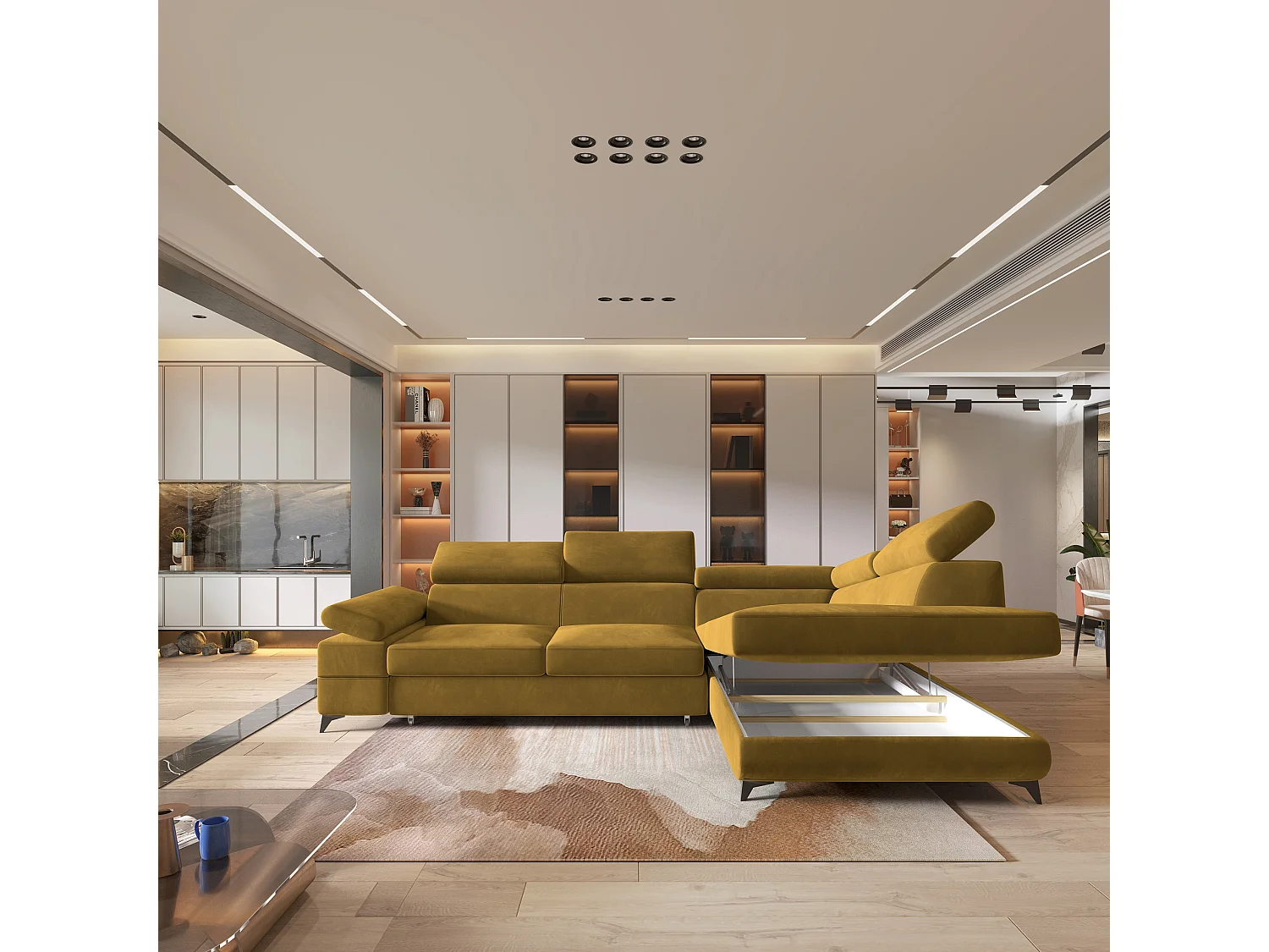 Hoekbank FAVIEN van fluweel met slaapfunctie Gelb