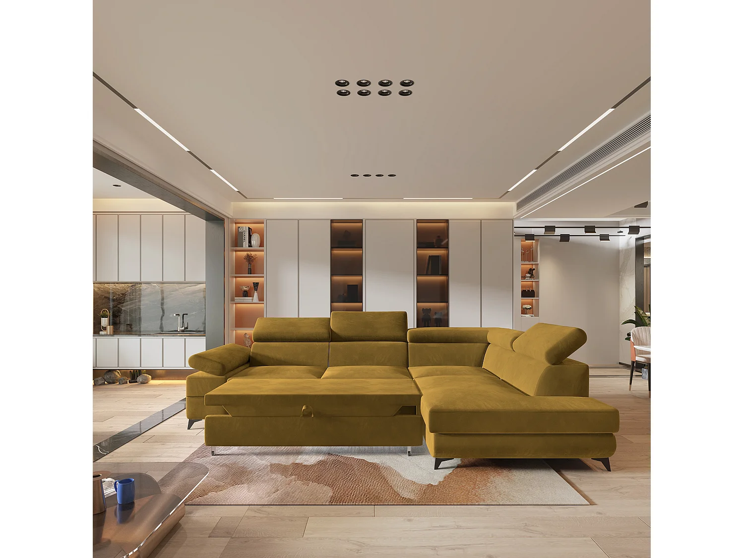 Hoekbank FAVIEN van fluweel met slaapfunctie Gelb