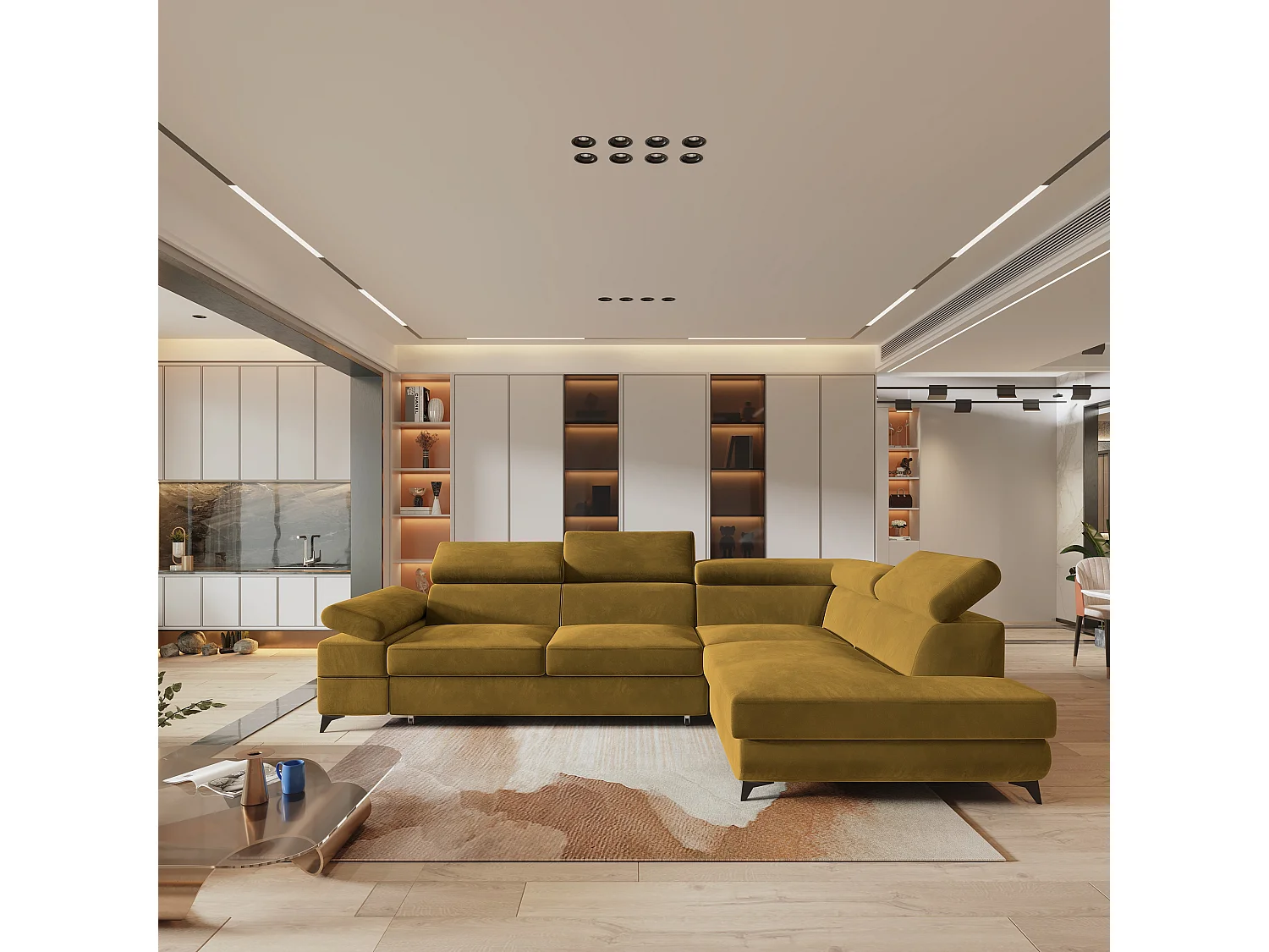 Hoekbank FAVIEN van fluweel met slaapfunctie Gelb