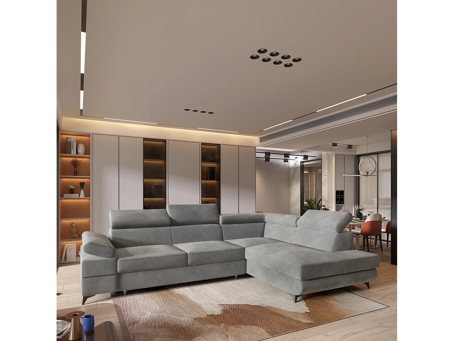 Hoekbank FAVIEN van fluweel met slaapfunctie Hellgrau