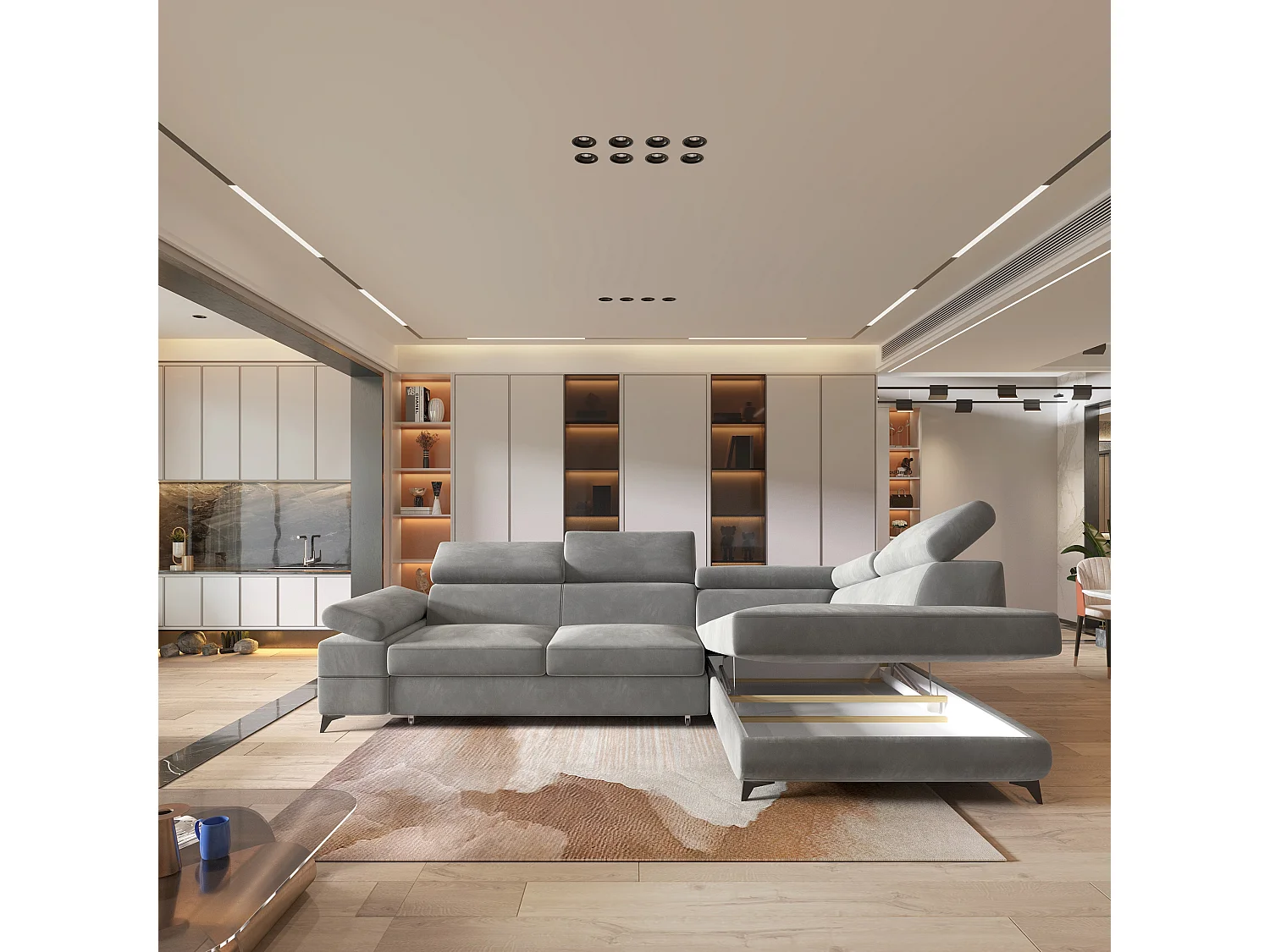 Hoekbank FAVIEN van fluweel met slaapfunctie Hellgrau