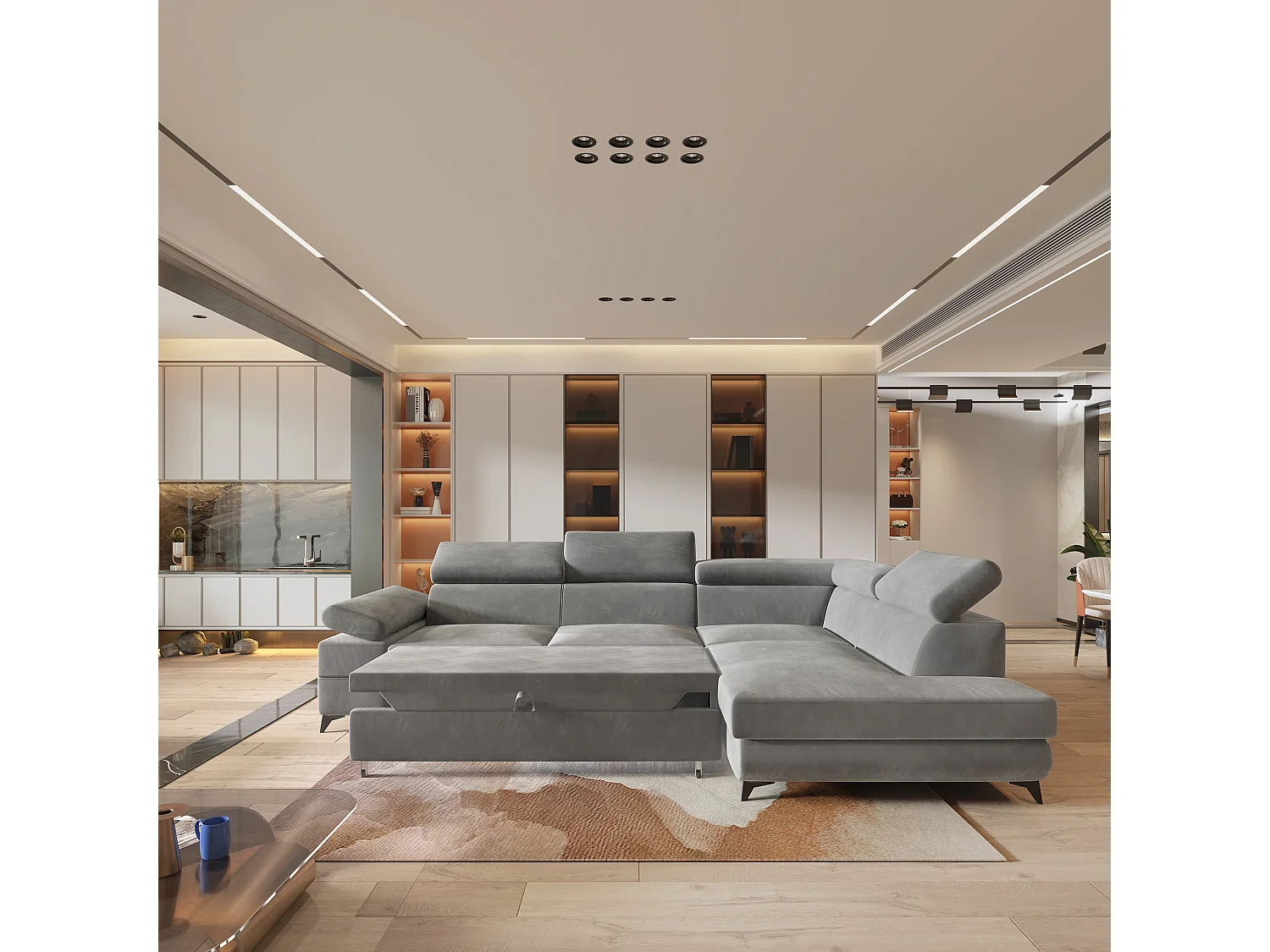 Hoekbank FAVIEN van fluweel met slaapfunctie Hellgrau
