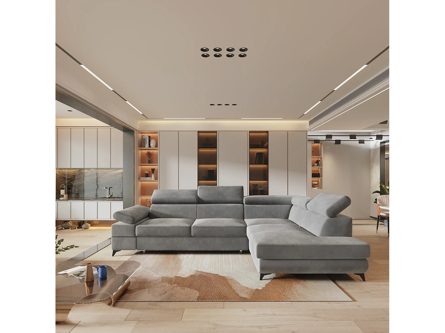 Hoekbank FAVIEN van fluweel met slaapfunctie Hellgrau