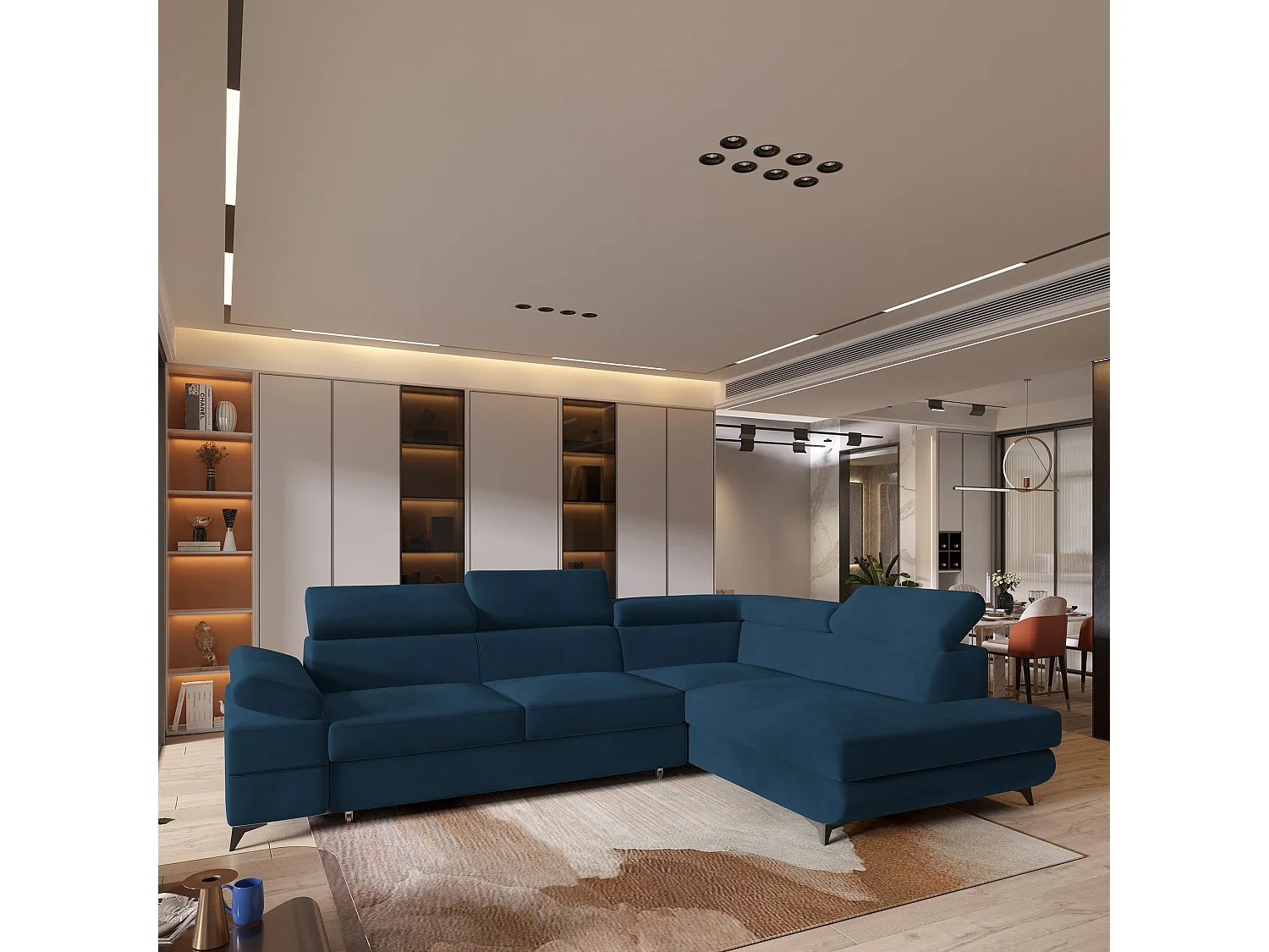 Hoekbank FAVIEN van fluweel met slaapfunctie Blau