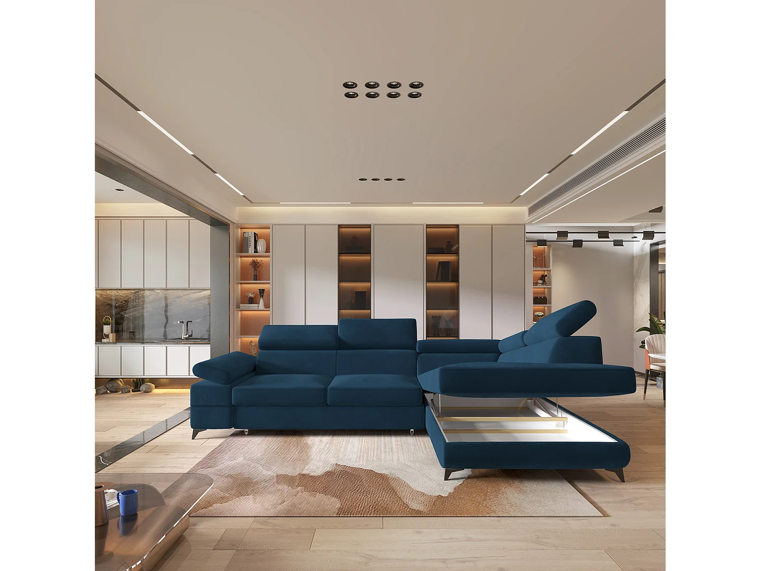 Hoekbank FAVIEN van fluweel met slaapfunctie Blau