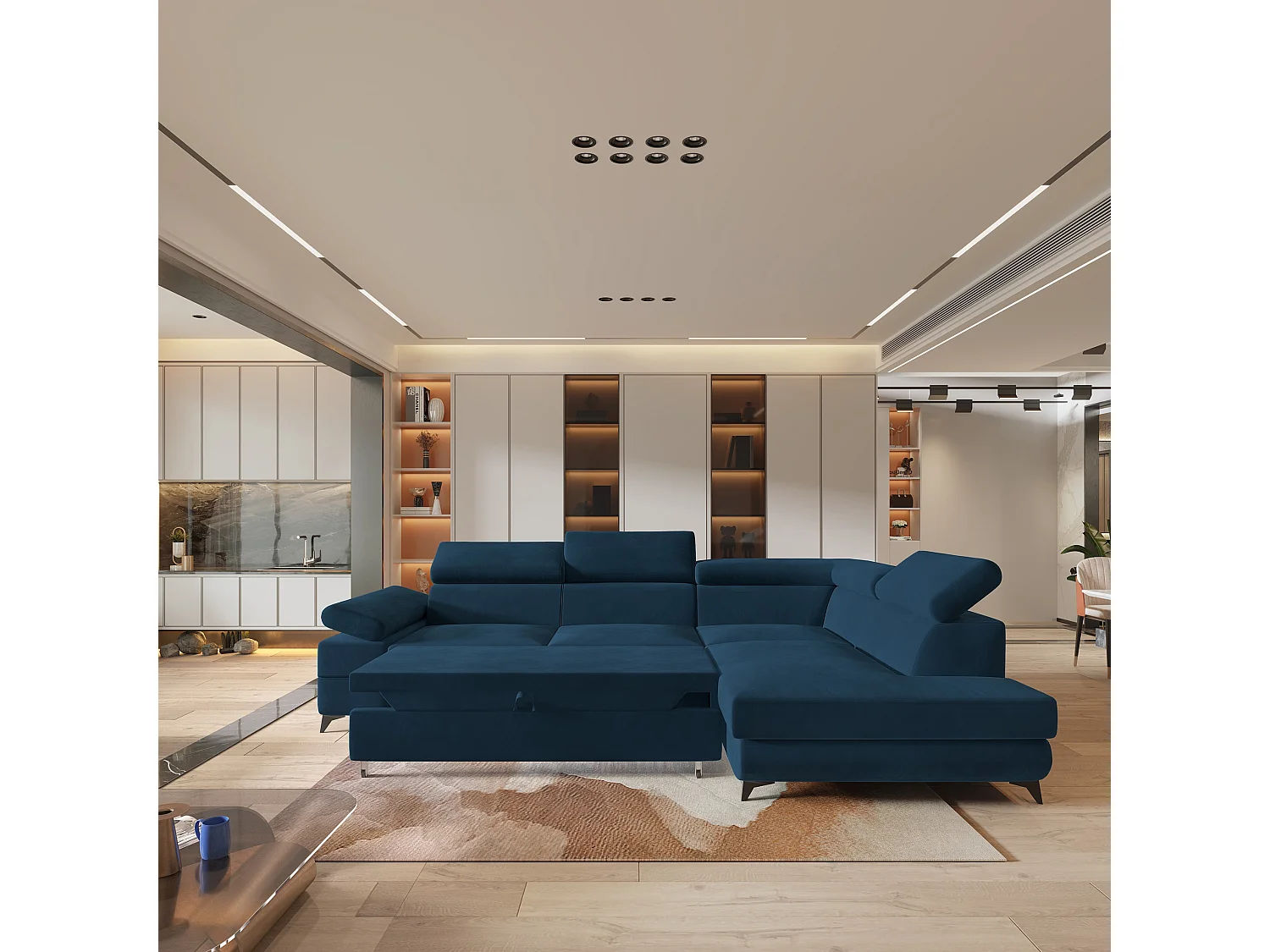 Hoekbank FAVIEN van fluweel met slaapfunctie Blau