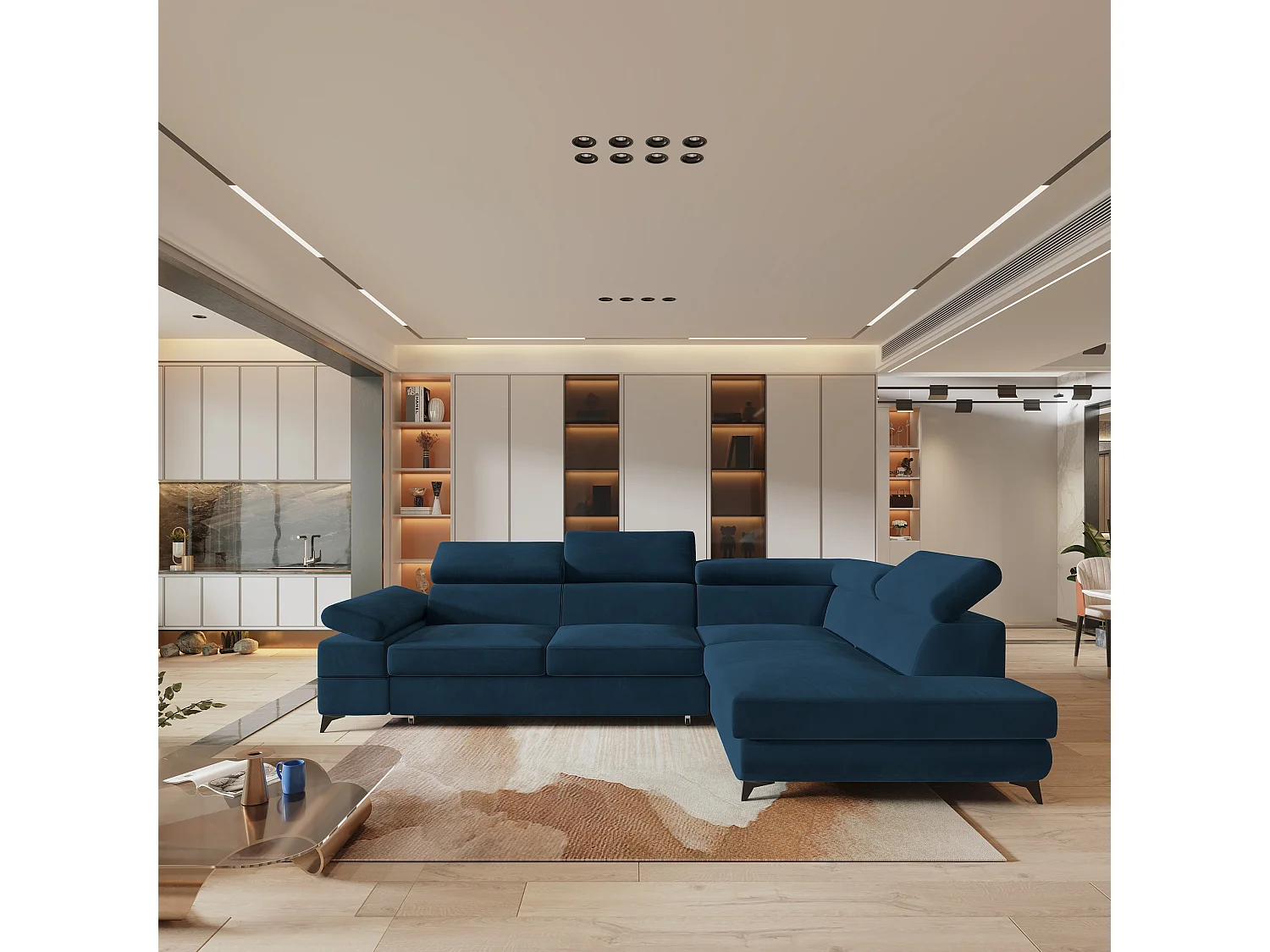 Hoekbank FAVIEN van fluweel met slaapfunctie Blau