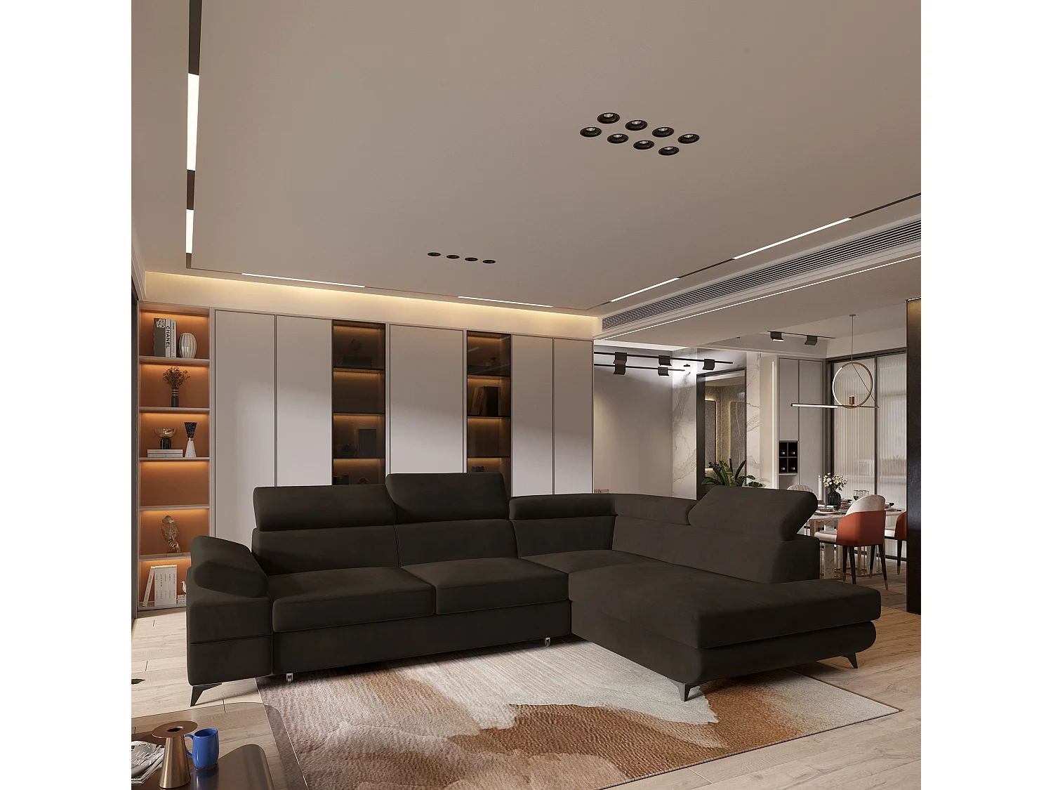 Hoekbank FAVIEN van fluweel met slaapfunctie Braun