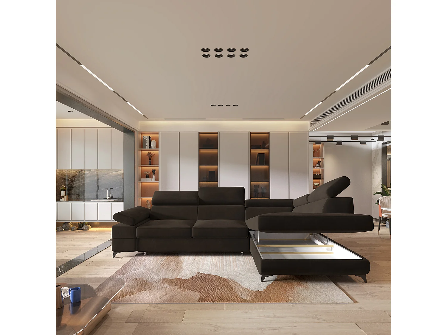 Hoekbank FAVIEN van fluweel met slaapfunctie Braun