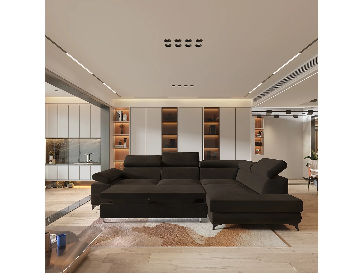 Hoekbank FAVIEN van fluweel met slaapfunctie Braun