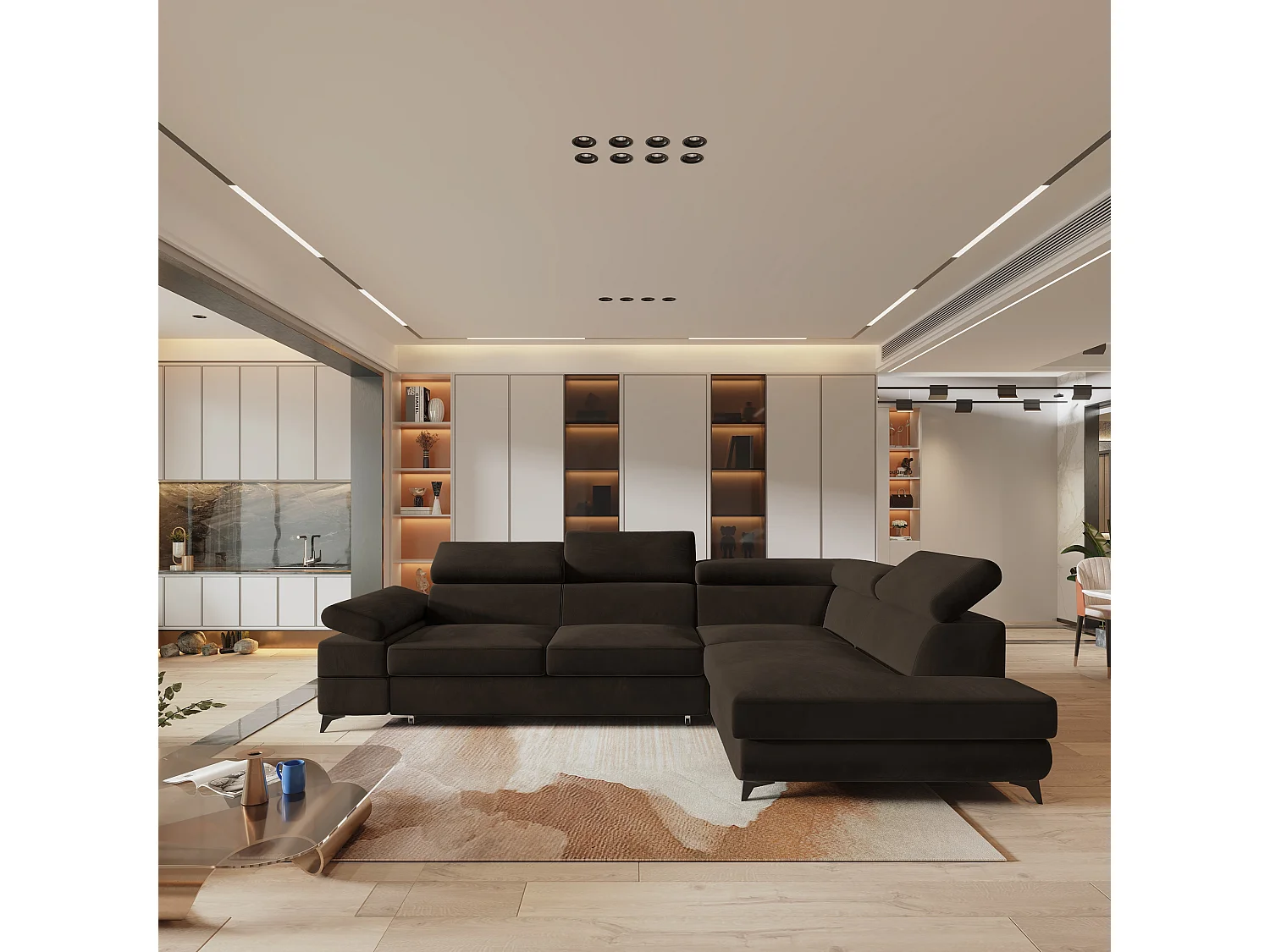 Hoekbank FAVIEN van fluweel met slaapfunctie Braun