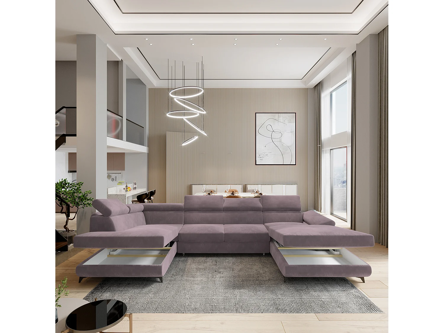 Hoekbank RUBANO van fluweel met slaapfunctie Lila