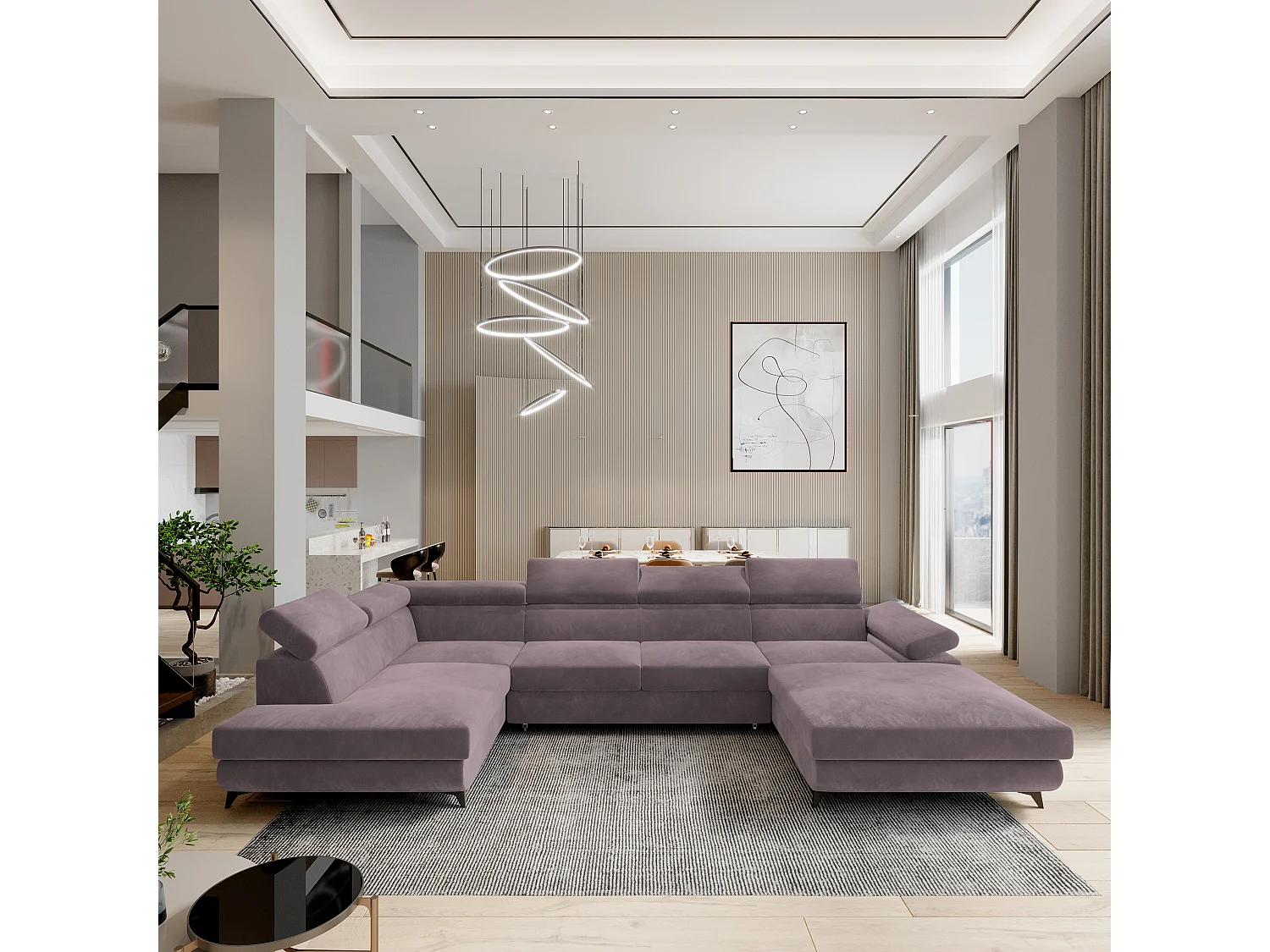 Hoekbank RUBANO van fluweel met slaapfunctie Lila