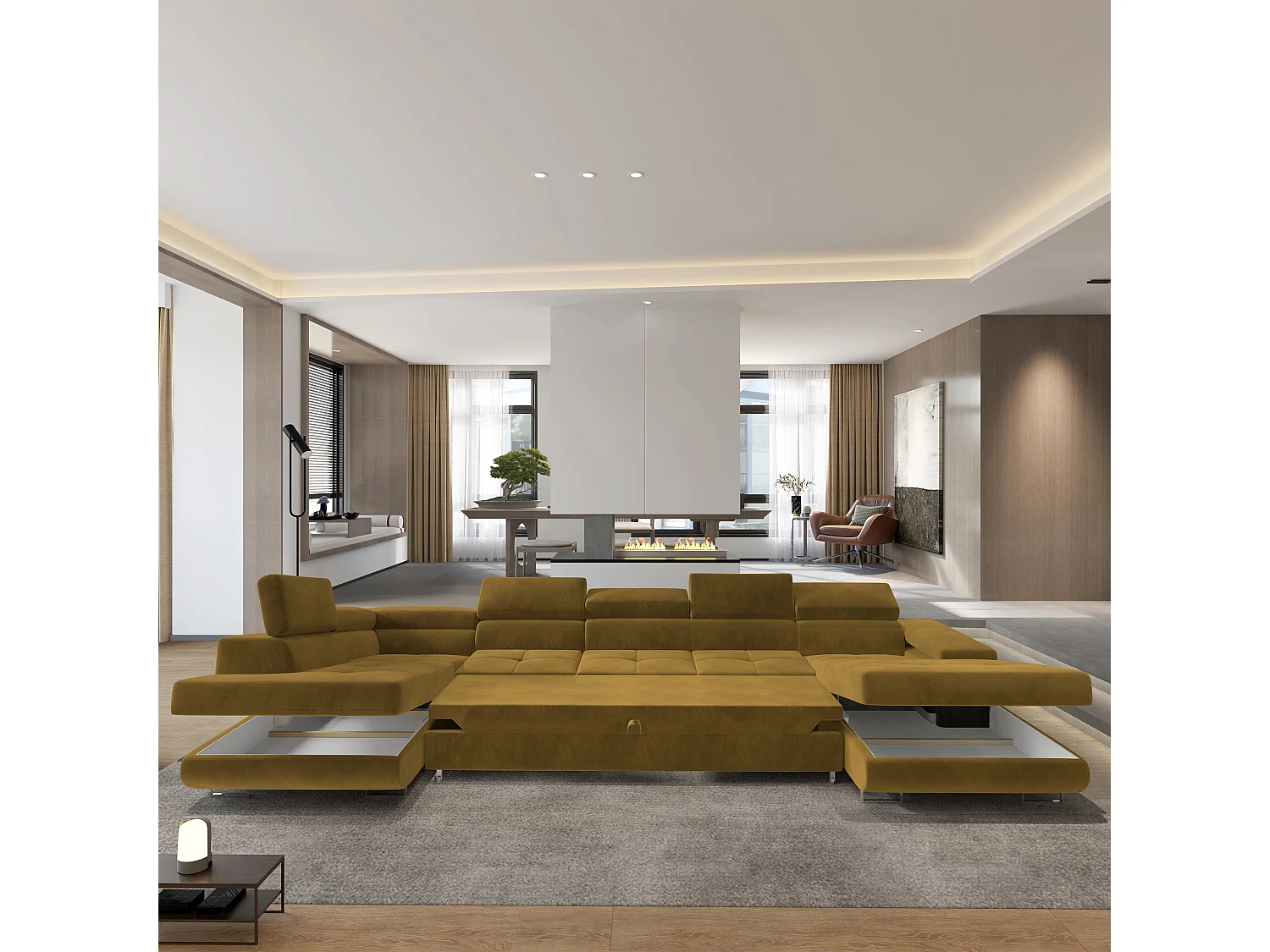 Hoekbank TORIVA van fluweel met slaapfunctie Gelb