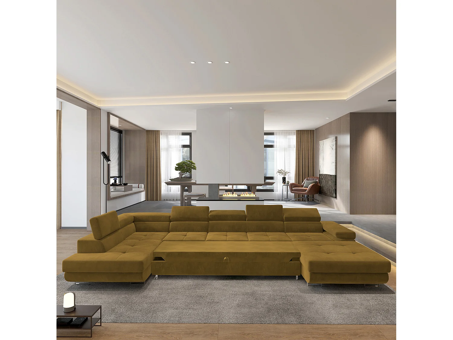 Hoekbank TORIVA van fluweel met slaapfunctie Gelb