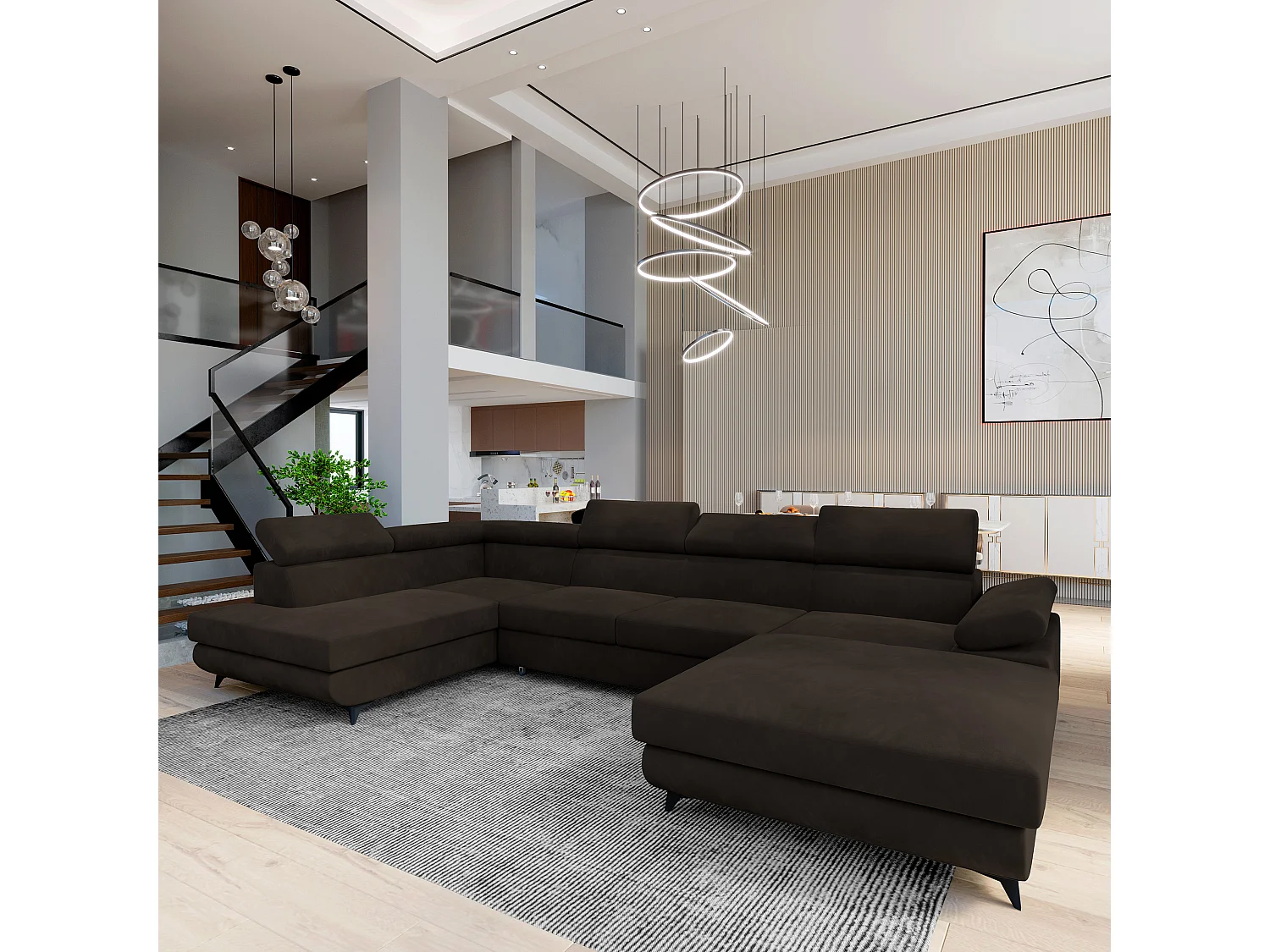 Hoekbank RUBANO van fluweel met slaapfunctie Braun