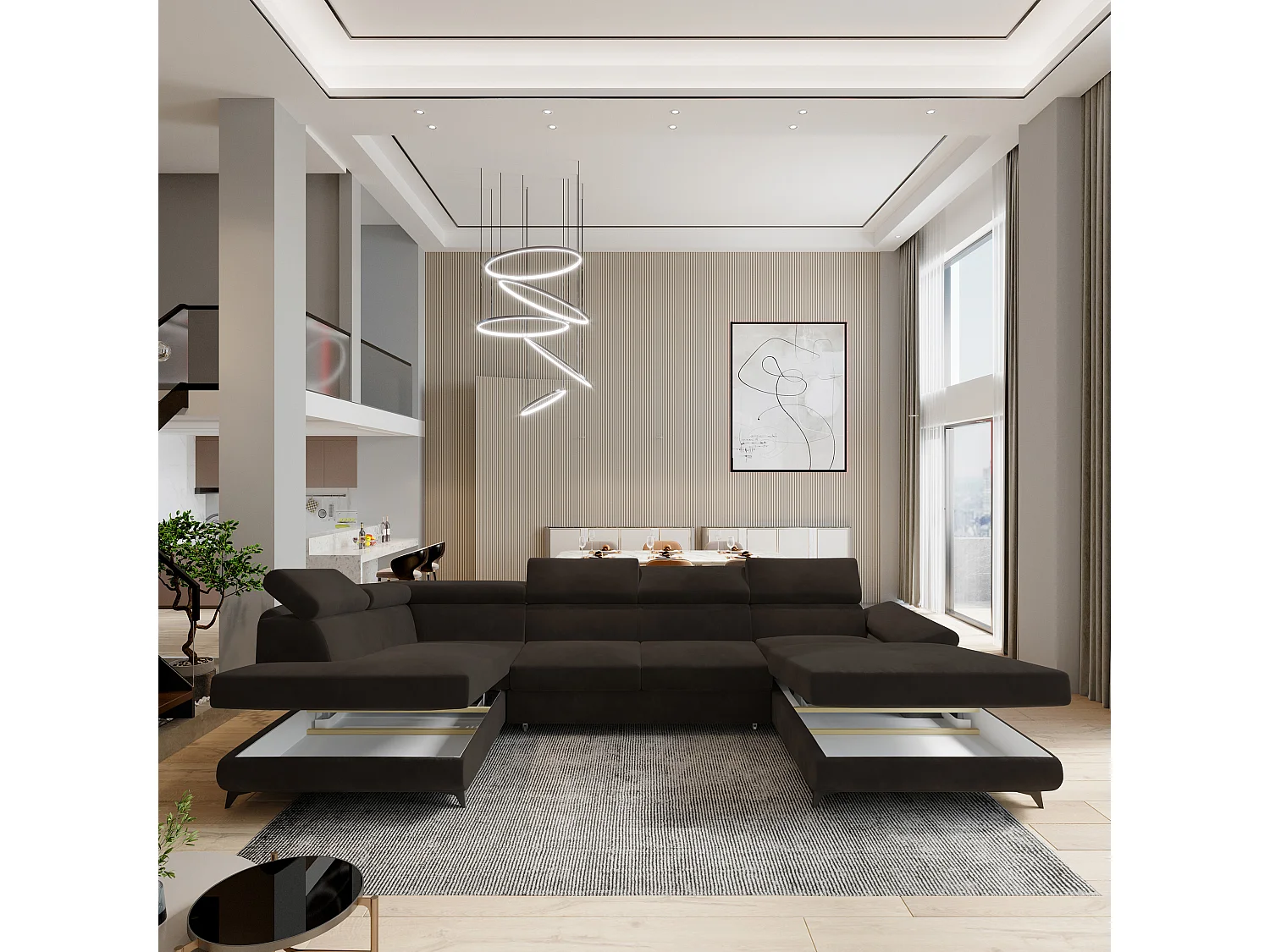 Hoekbank RUBANO van fluweel met slaapfunctie Braun