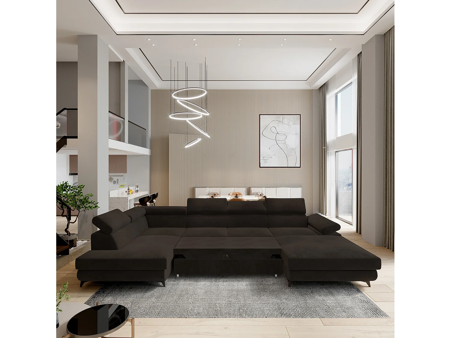 Hoekbank RUBANO van fluweel met slaapfunctie Braun