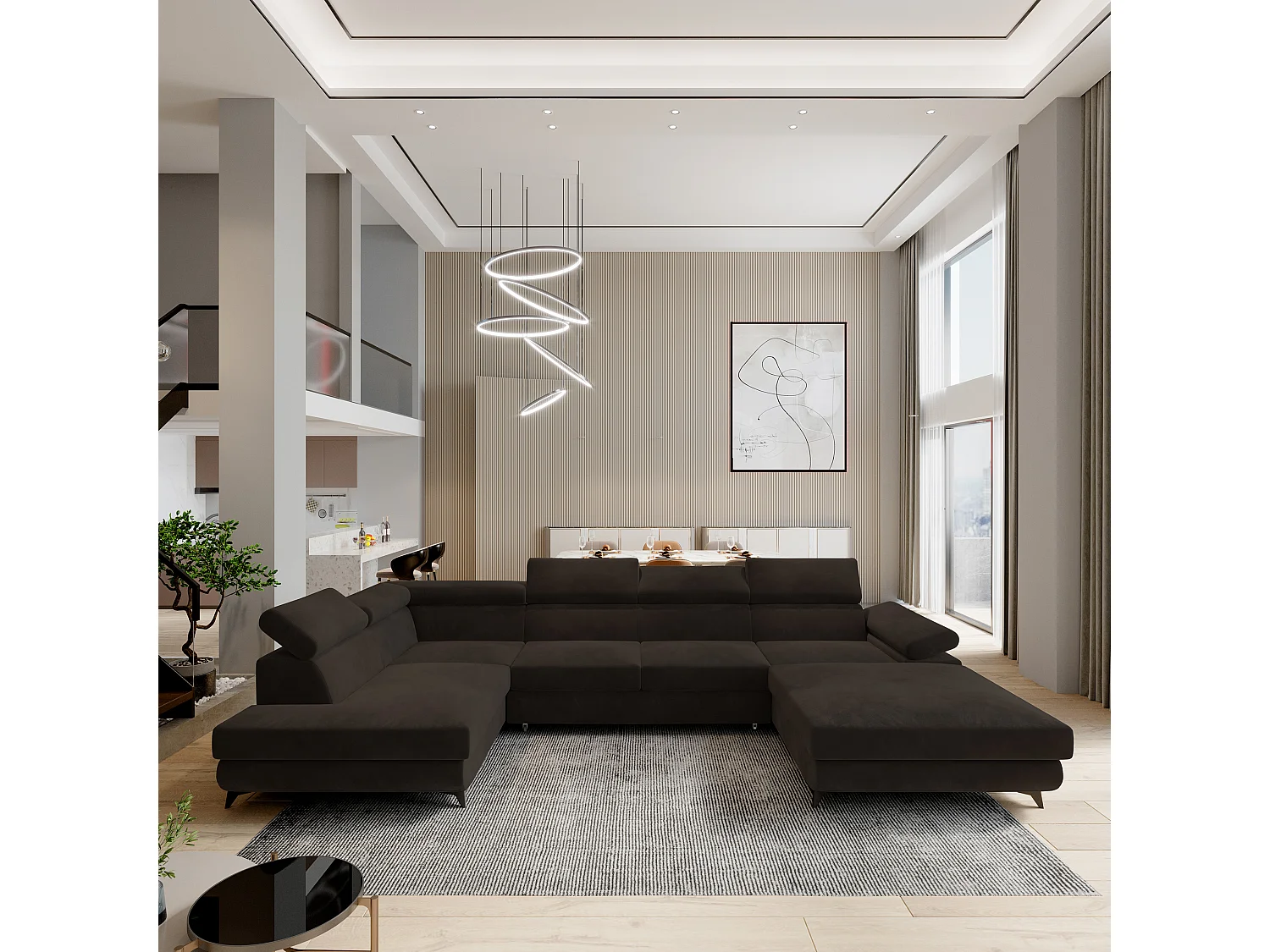 Hoekbank RUBANO van fluweel met slaapfunctie Braun