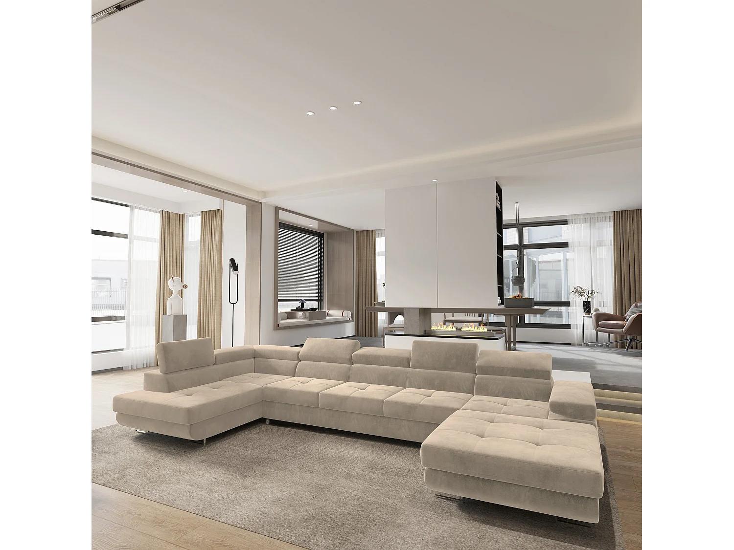 Hoekbank TORIVA van fluweel met slaapfunctie Creme