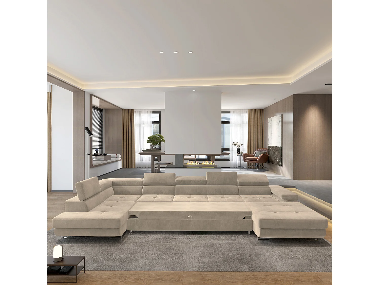 Hoekbank TORIVA van fluweel met slaapfunctie Creme