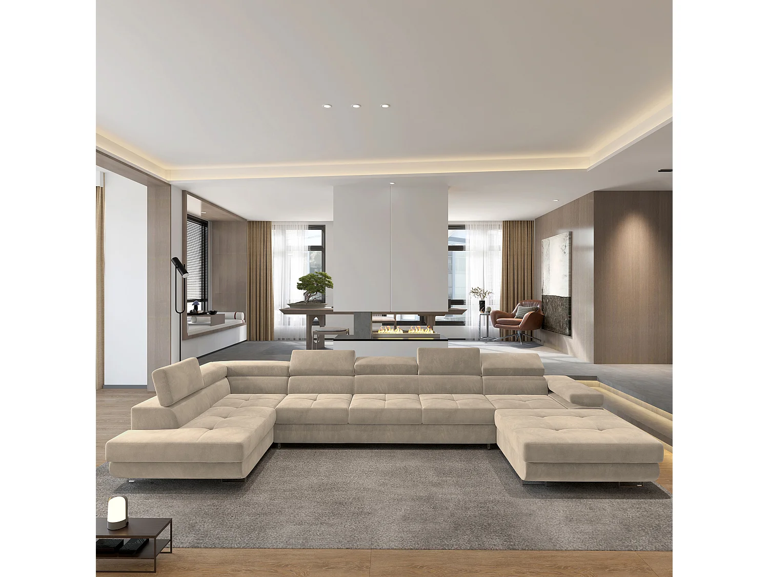 Hoekbank TORIVA van fluweel met slaapfunctie Creme