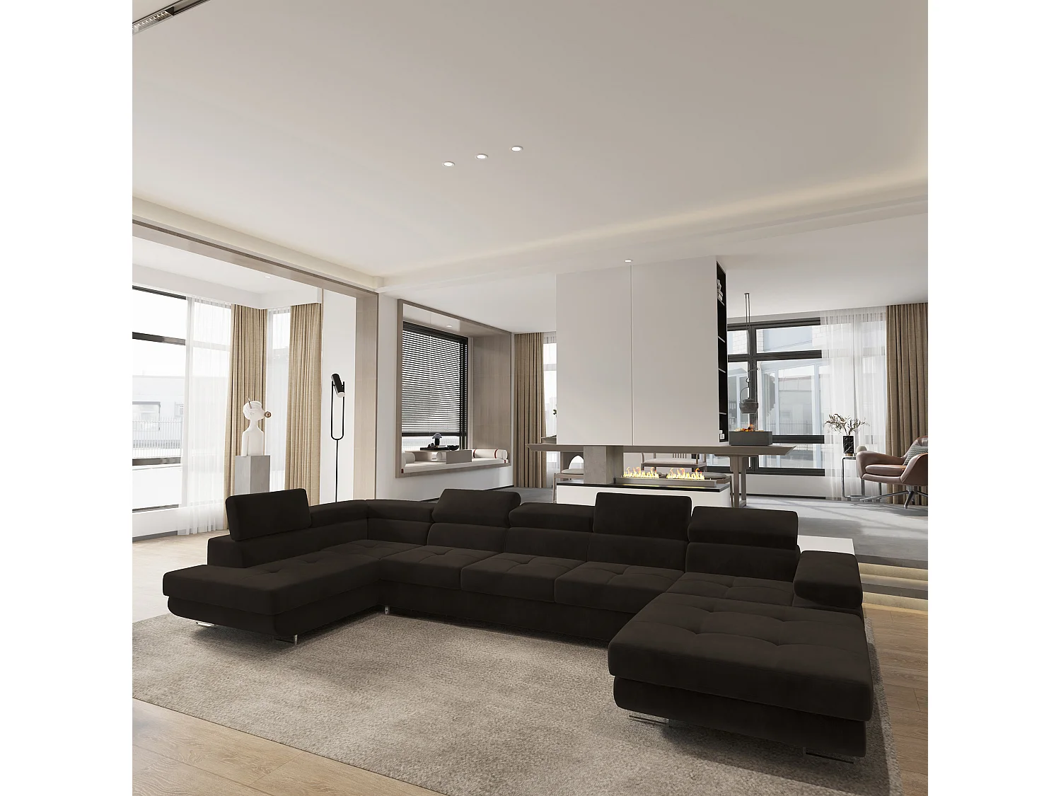 Hoekbank TORIVA van fluweel met slaapfunctie Braun