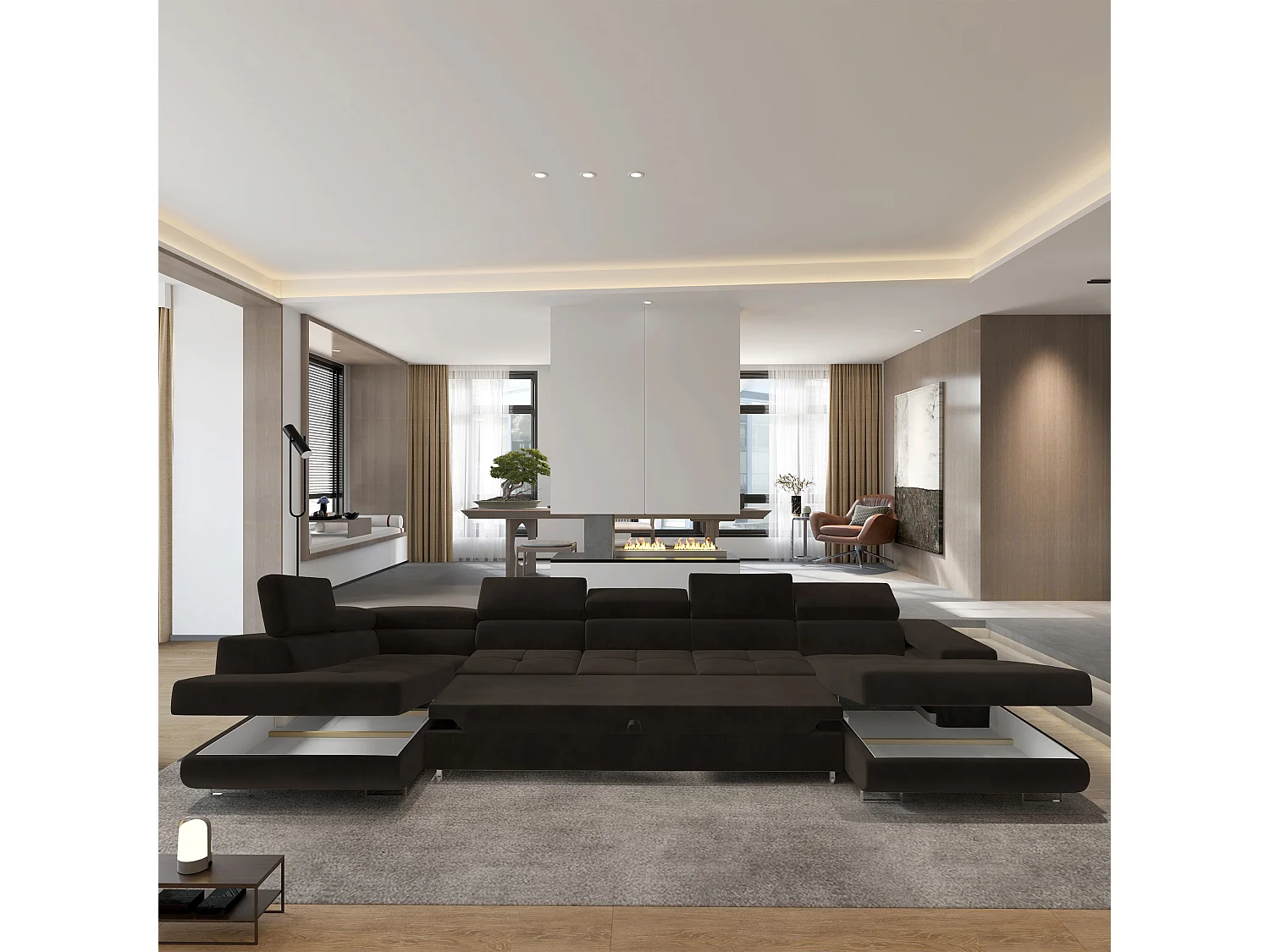 Hoekbank TORIVA van fluweel met slaapfunctie Braun