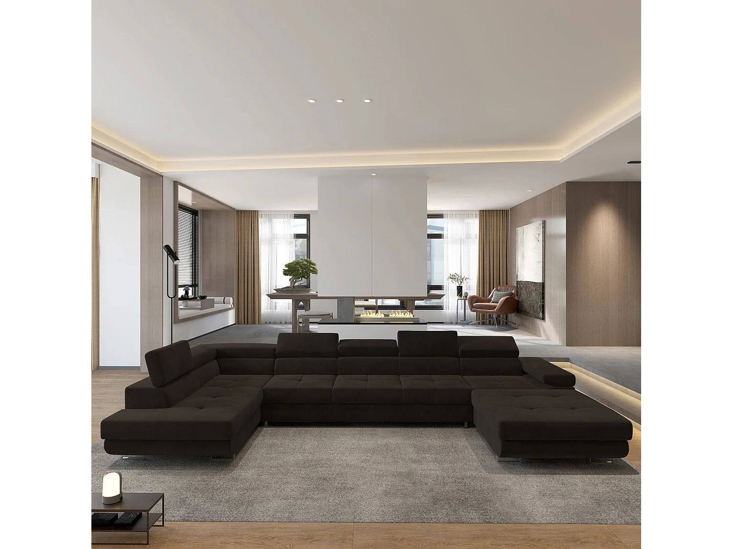 Hoekbank TORIVA van fluweel met slaapfunctie Braun