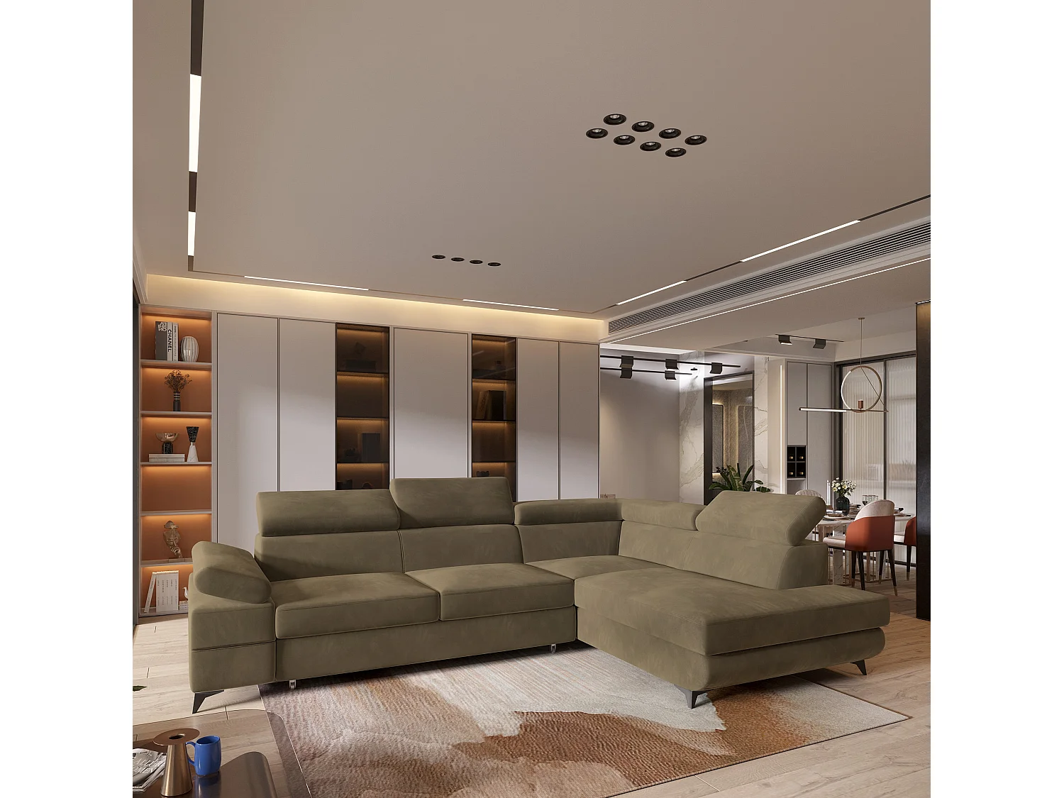 Hoekbank FAVIEN van fluweel met slaapfunctie Beige