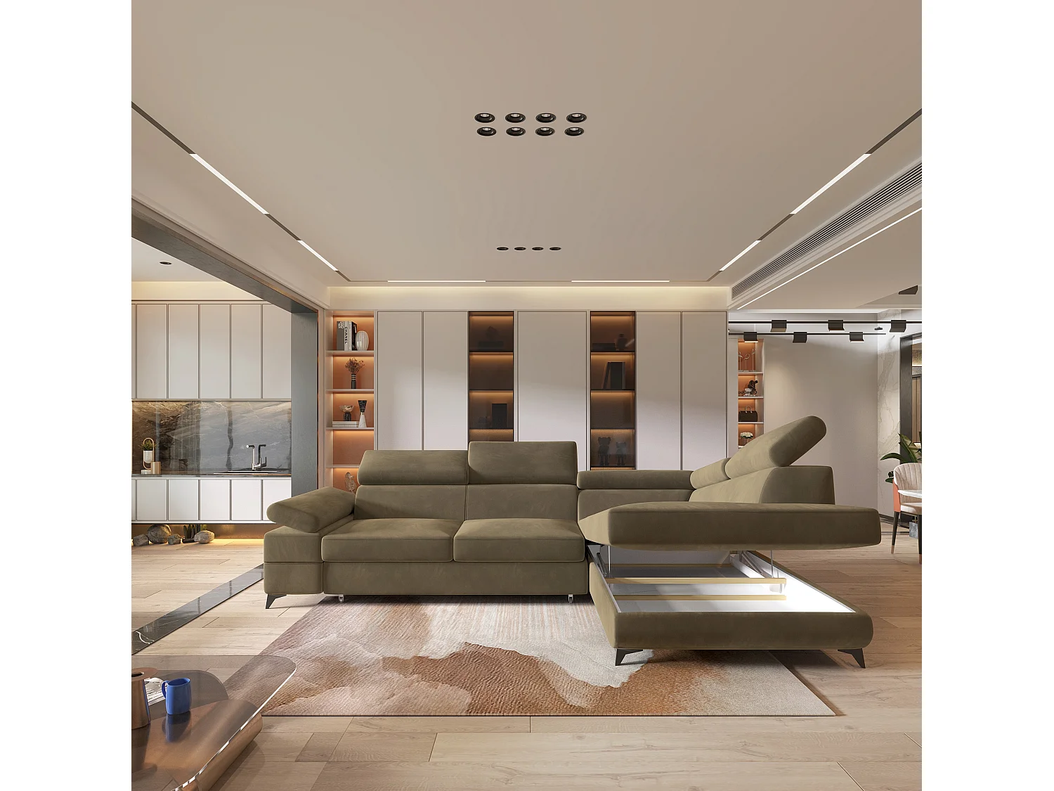 Hoekbank FAVIEN van fluweel met slaapfunctie Beige