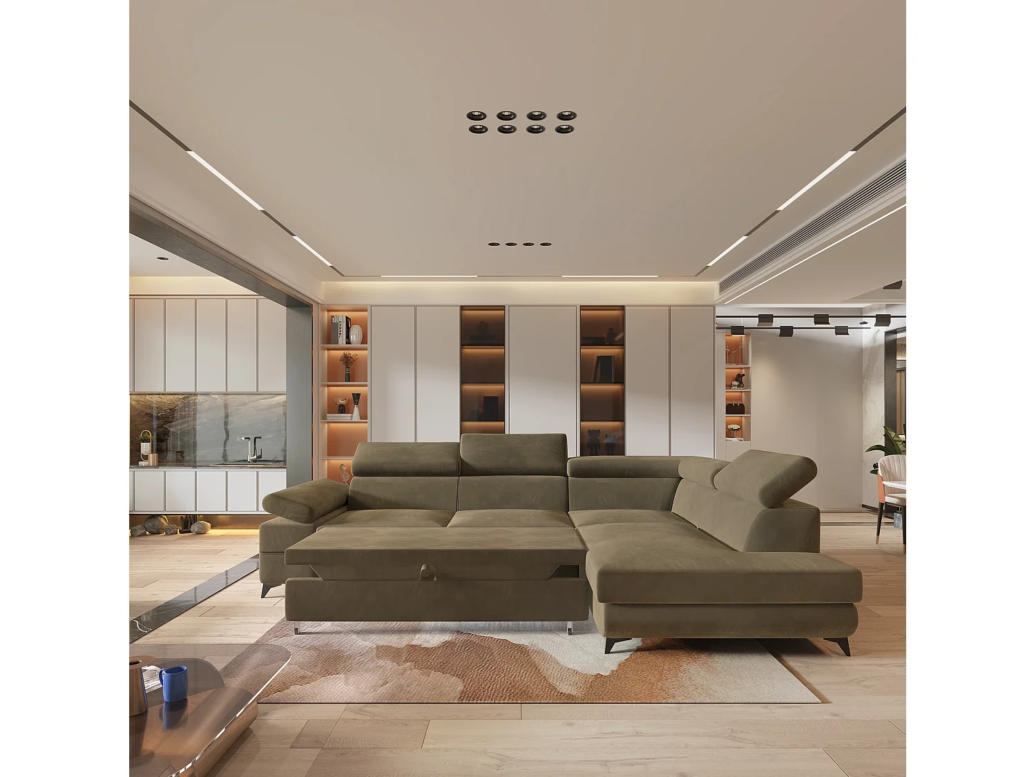 Hoekbank FAVIEN van fluweel met slaapfunctie Beige