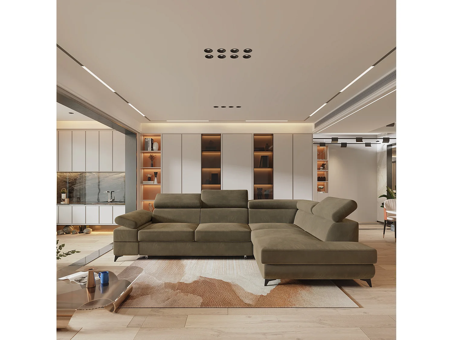 Hoekbank FAVIEN van fluweel met slaapfunctie Beige