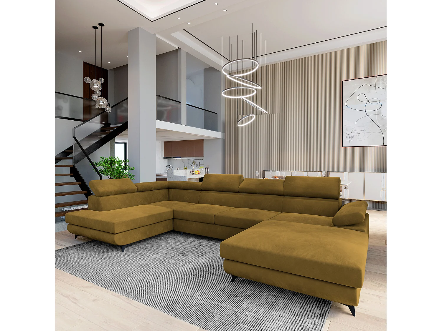 Hoekbank RUBANO van fluweel met slaapfunctie Gelb