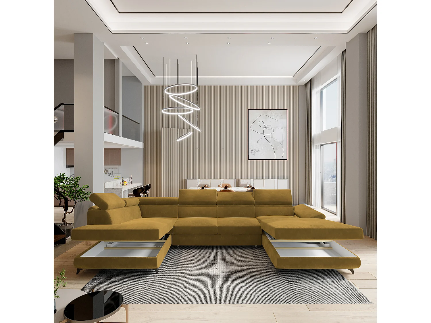 Hoekbank RUBANO van fluweel met slaapfunctie Gelb