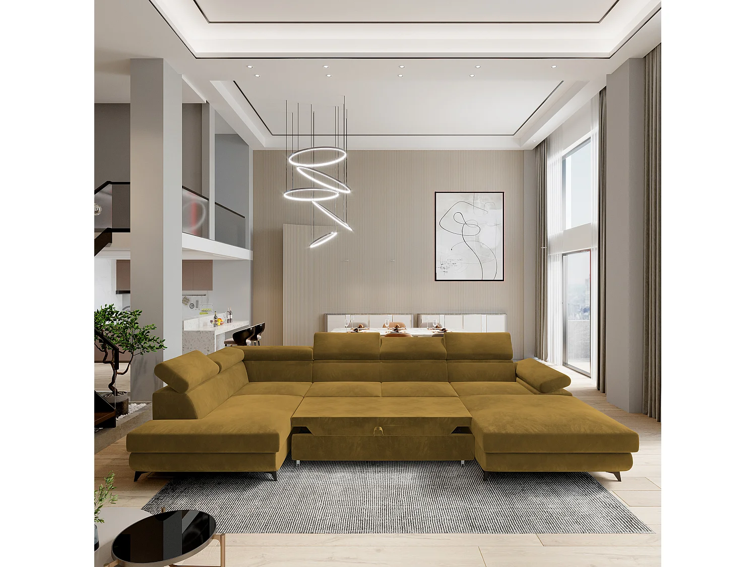 Hoekbank RUBANO van fluweel met slaapfunctie Gelb