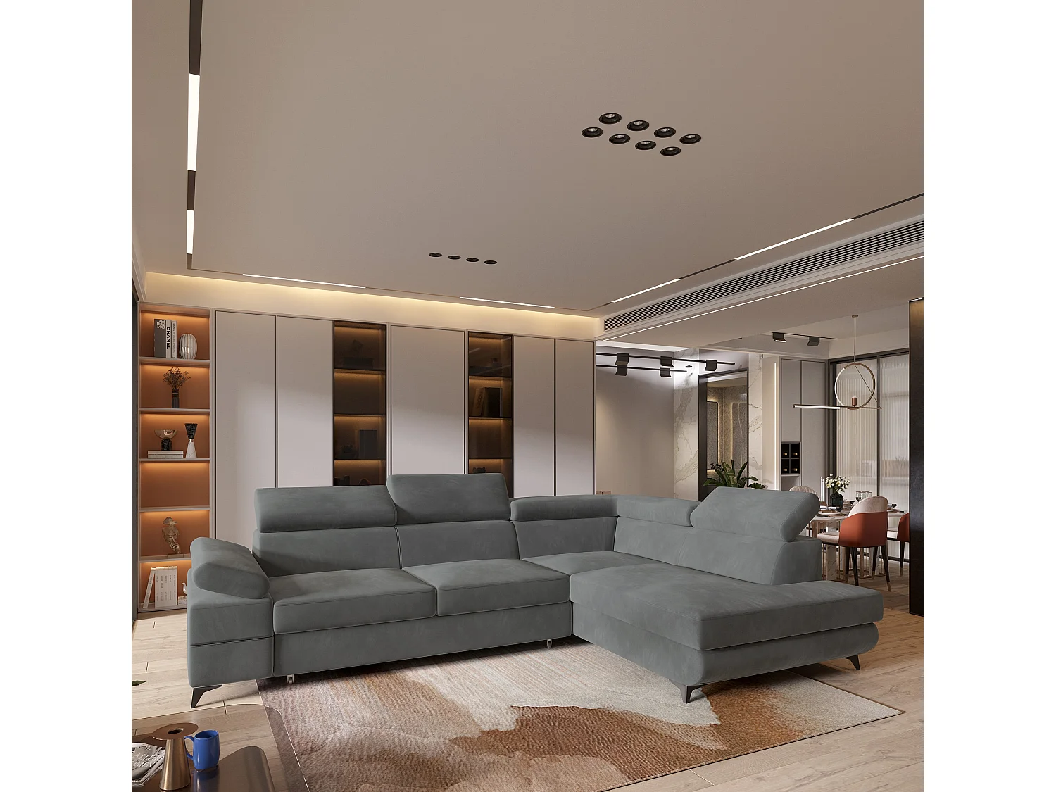 Hoekbank FAVIEN van fluweel met slaapfunctie Grau