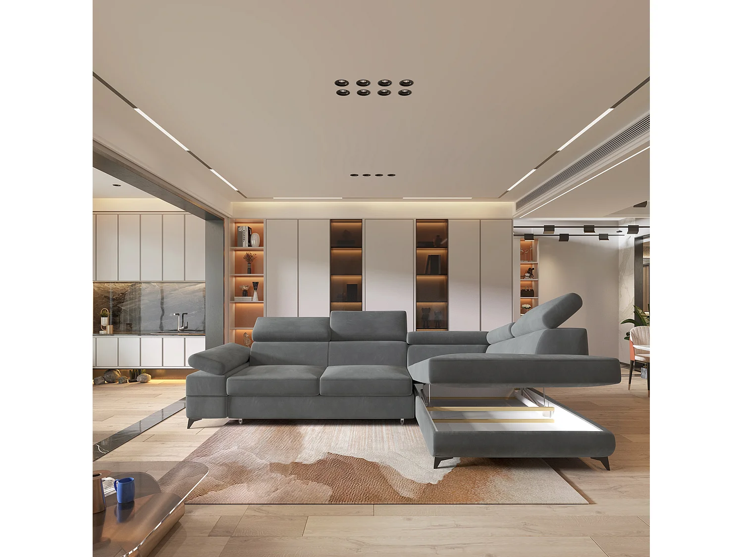 Hoekbank FAVIEN van fluweel met slaapfunctie Grau