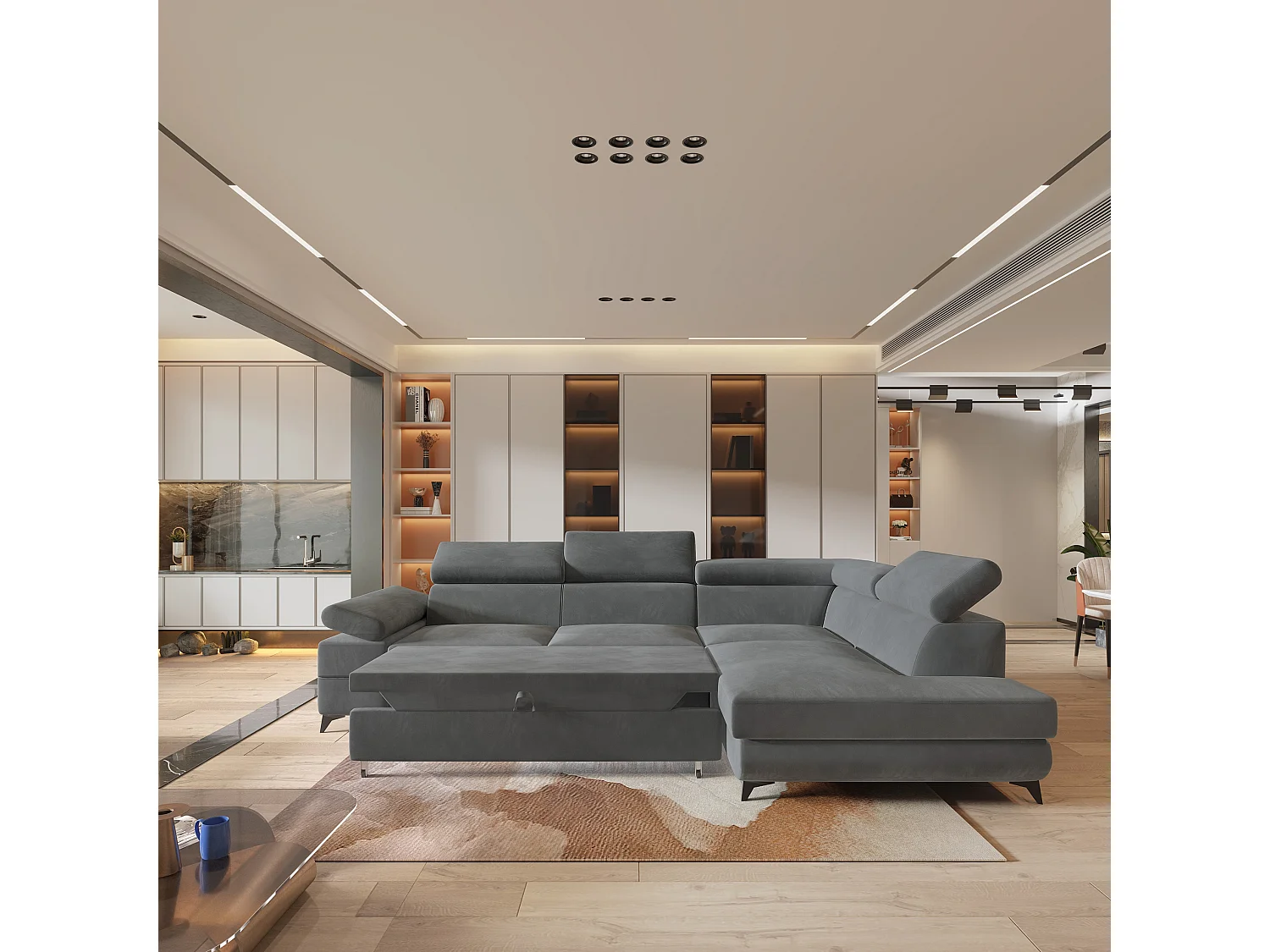 Hoekbank FAVIEN van fluweel met slaapfunctie Grau