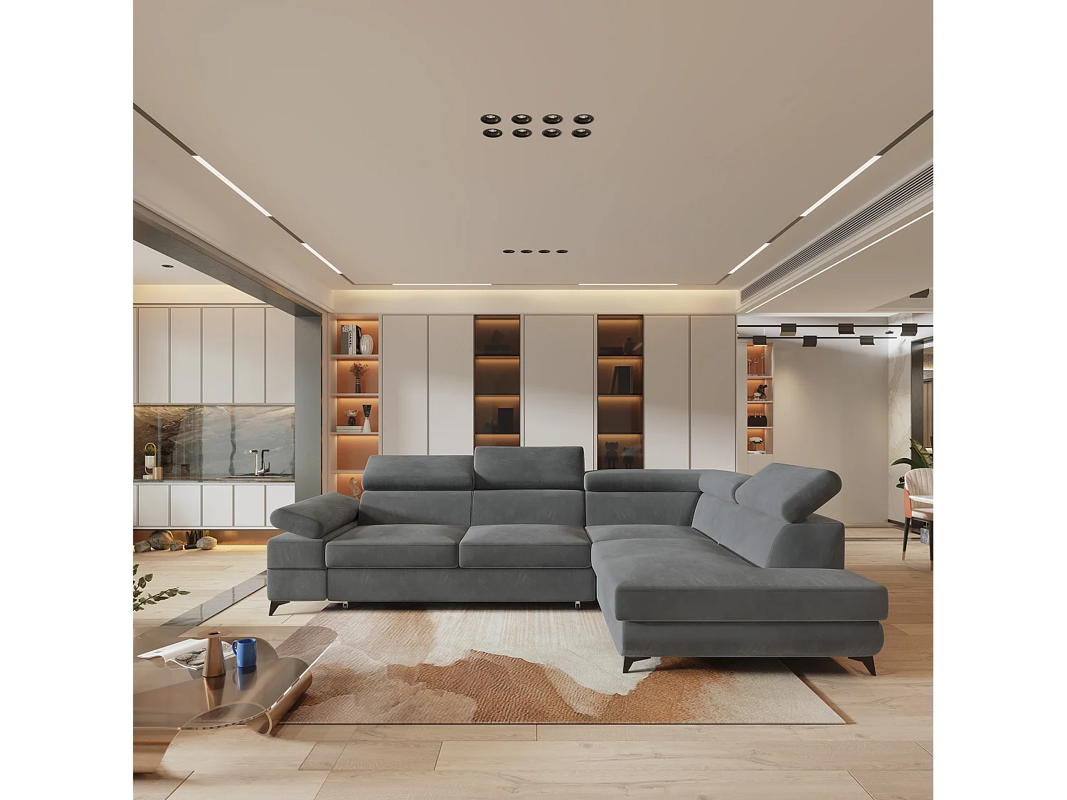 Hoekbank FAVIEN van fluweel met slaapfunctie Grau